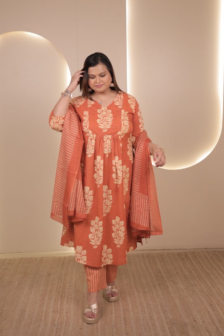 Rozana Suit Set - Orange Pleated