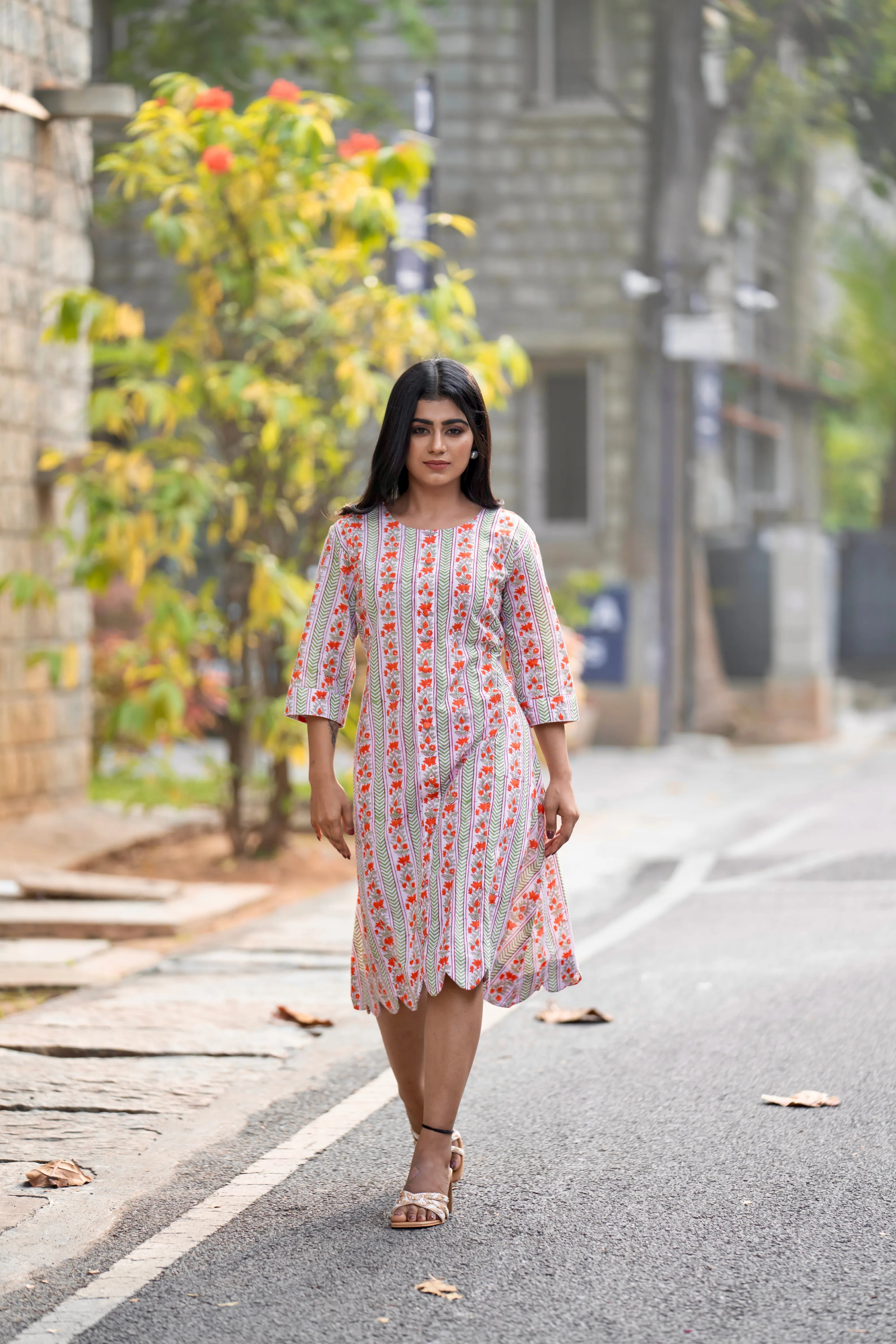 Mughal Motif Dress - Rust Cream