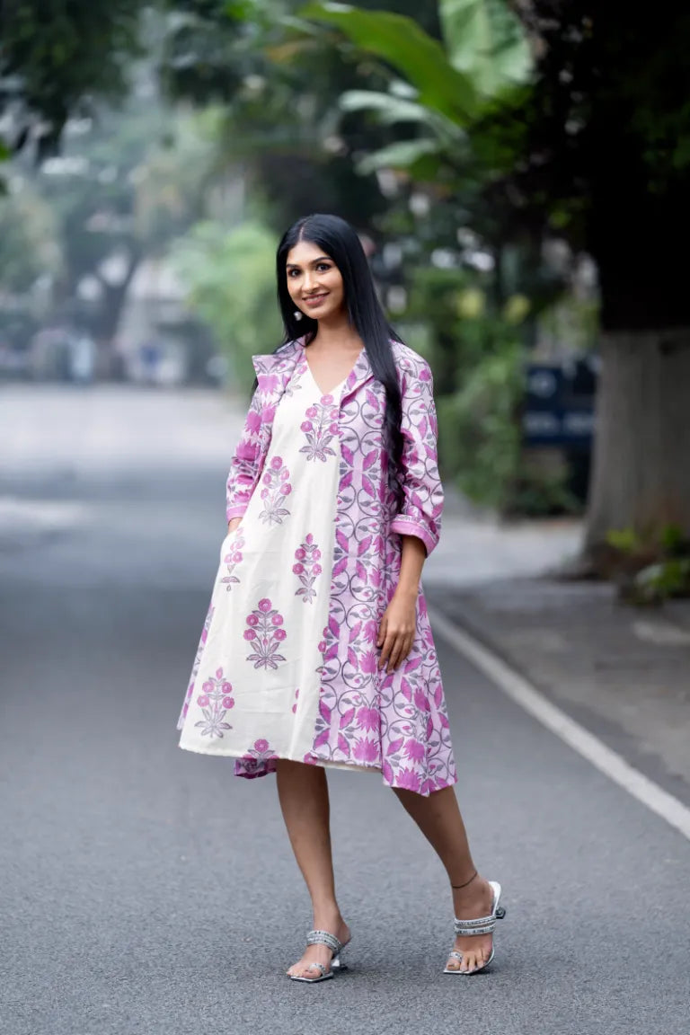 Mughal Motif Dress - Pink Cream