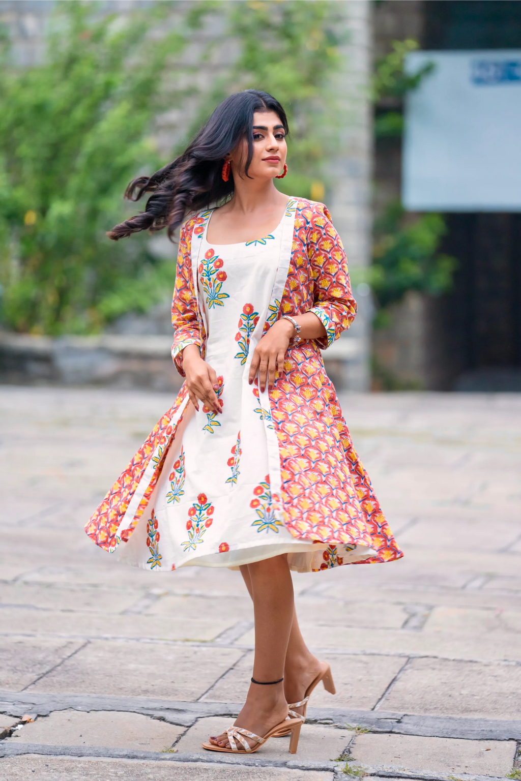 Mughal Motif Dress - Orange Green