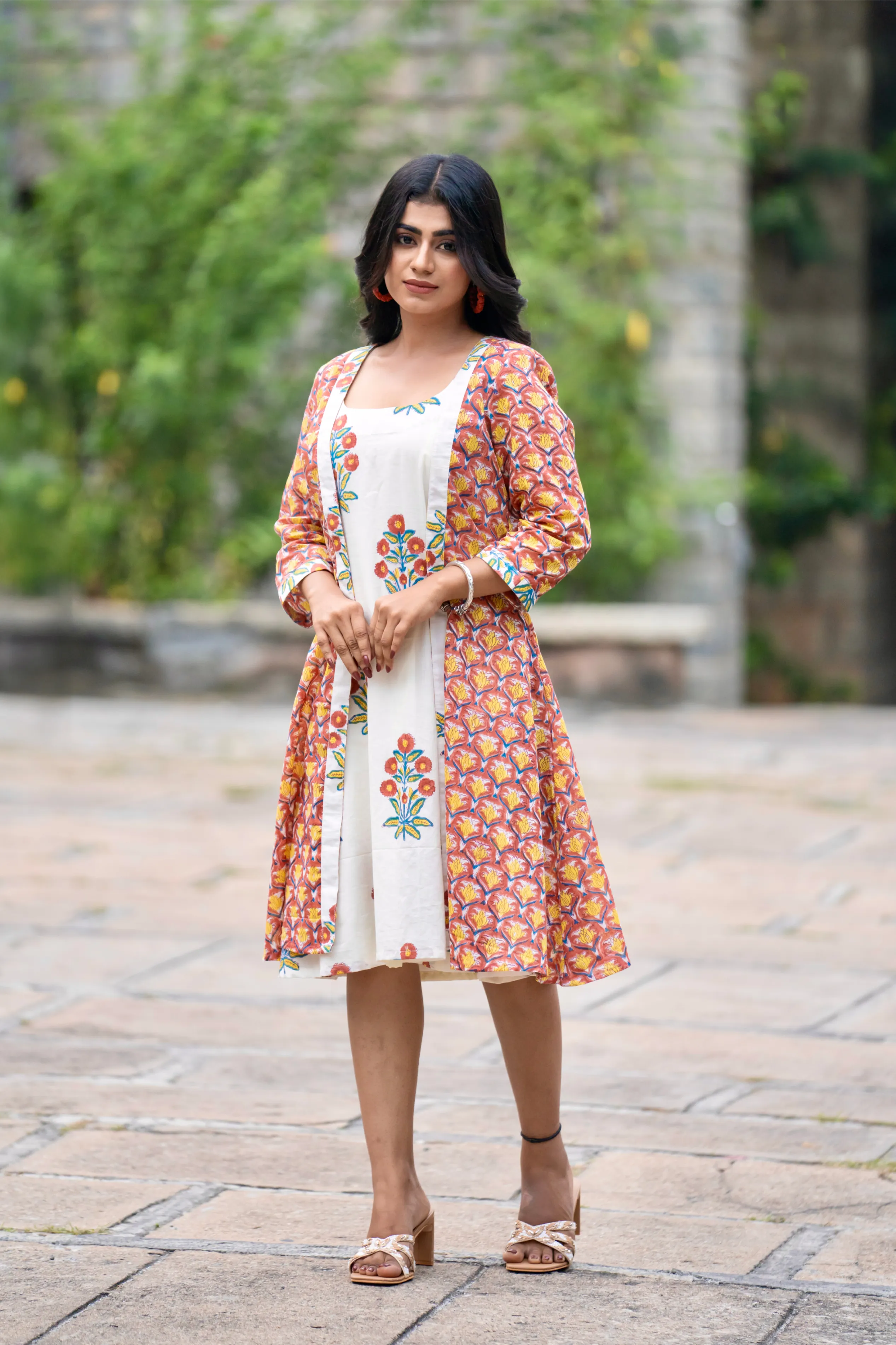 Mughal Motif Dress - Orange Green