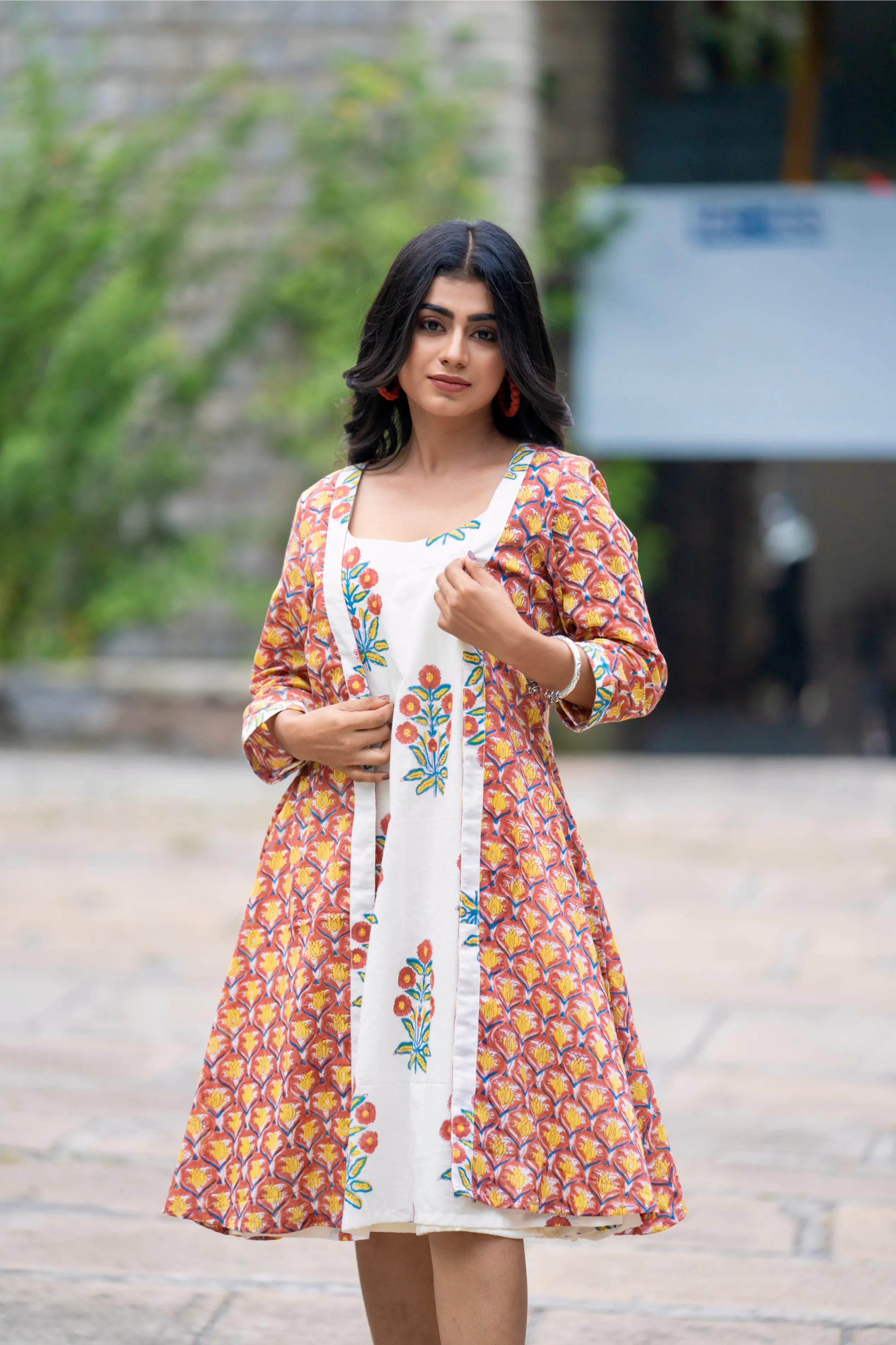 Mughal Motif Dress - Orange Green