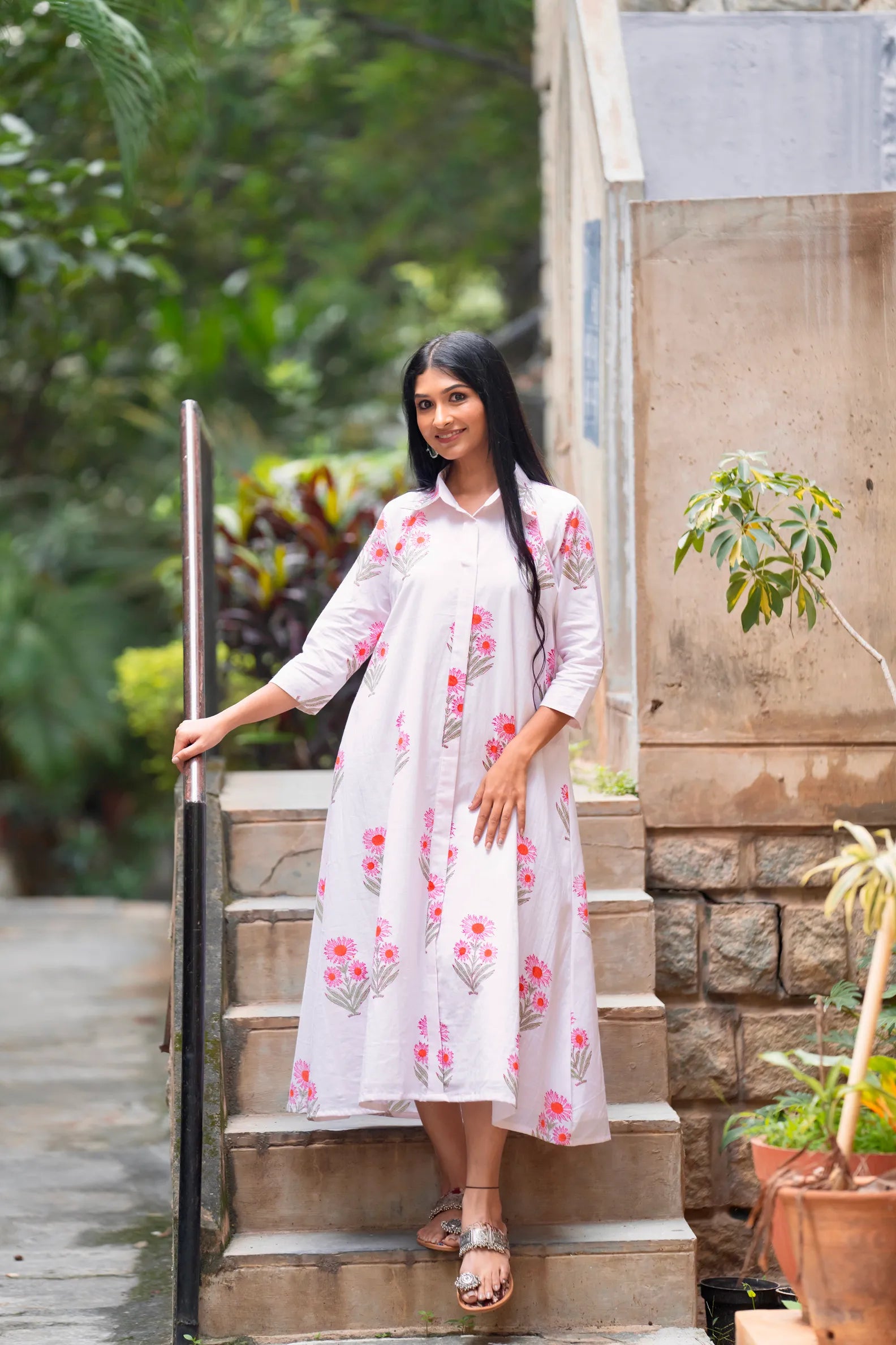 Mughal Motif Dress - White Orange