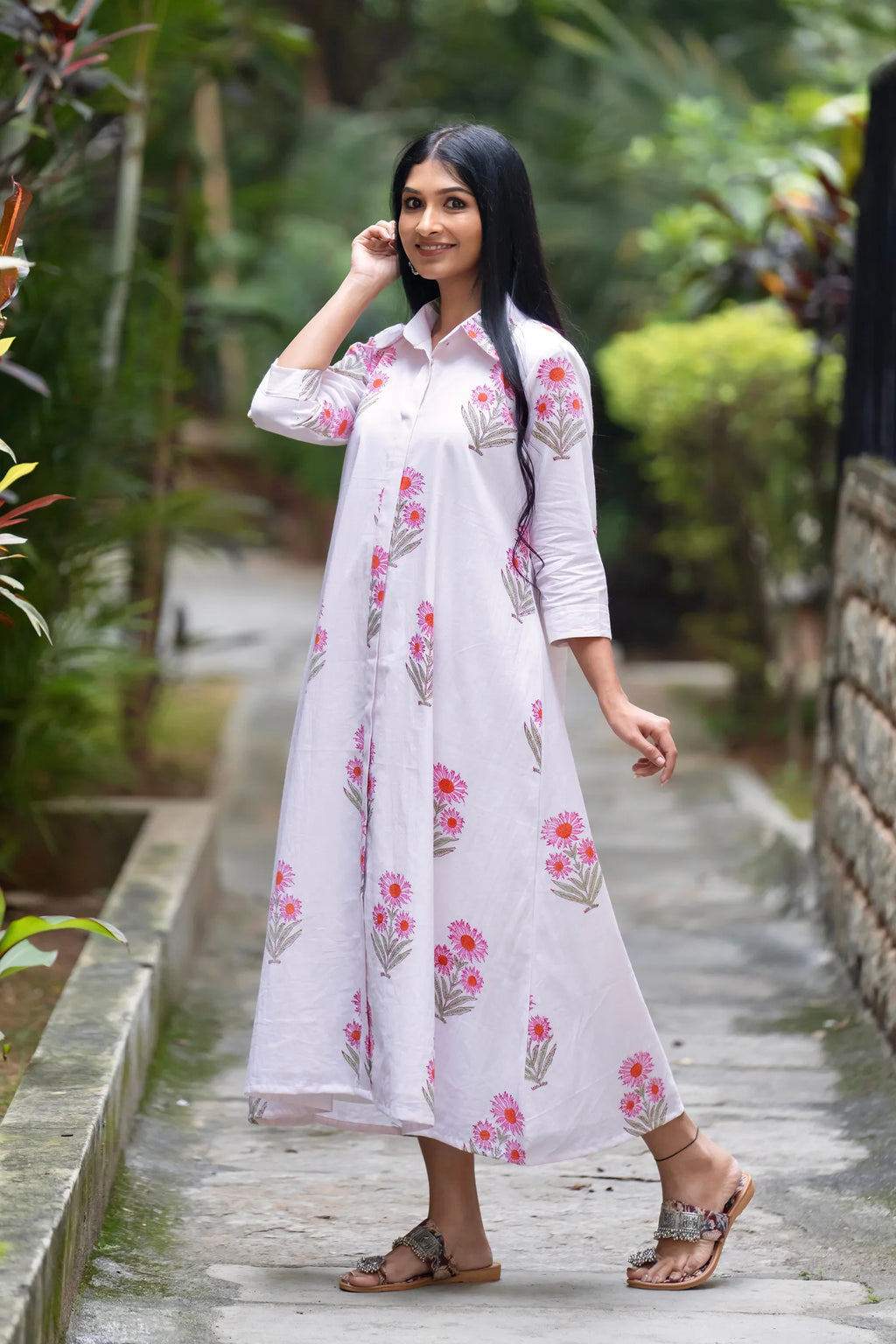 Mughal Motif Dress - White Orange
