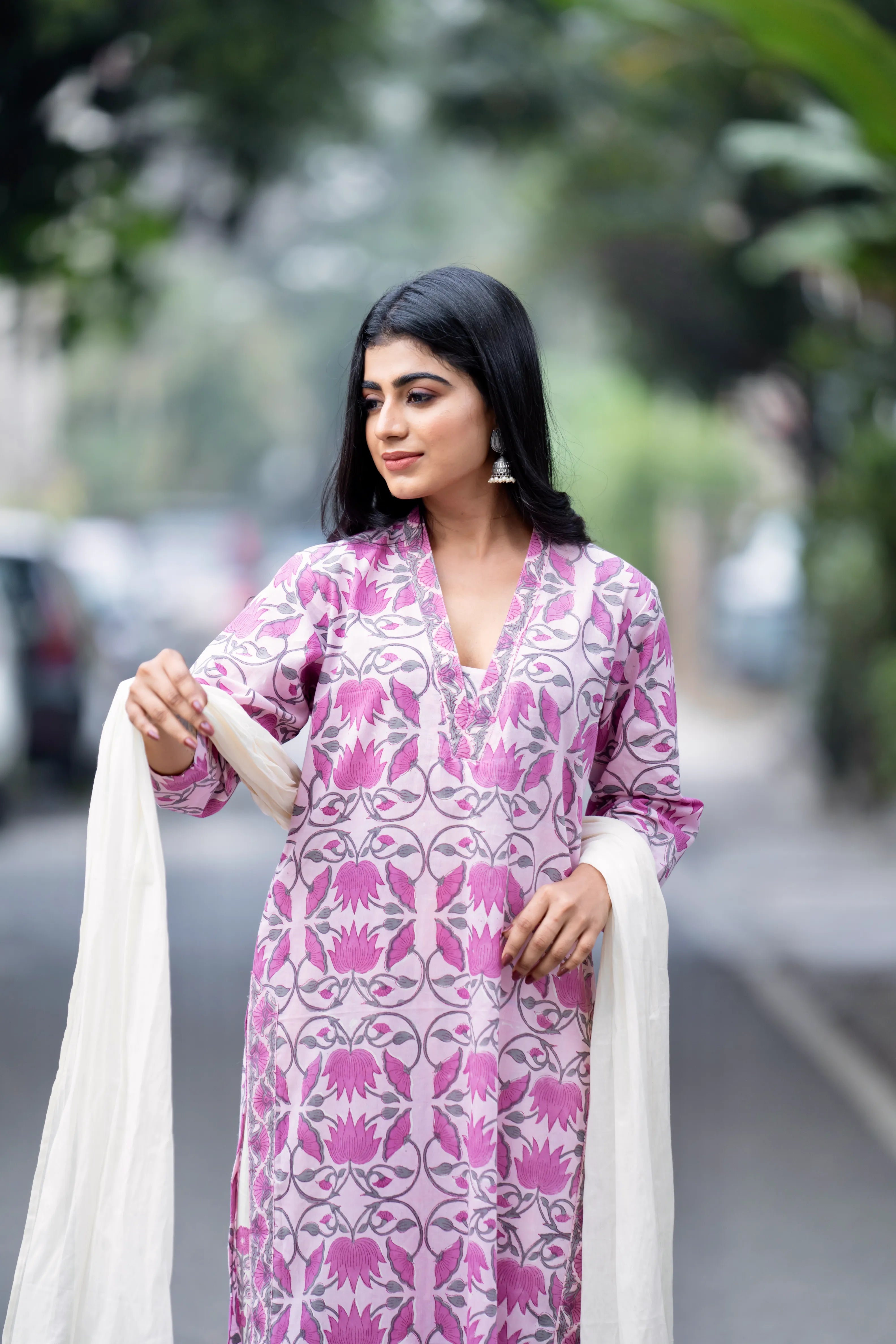 Mughal Motif Suit Set - Cream Purple