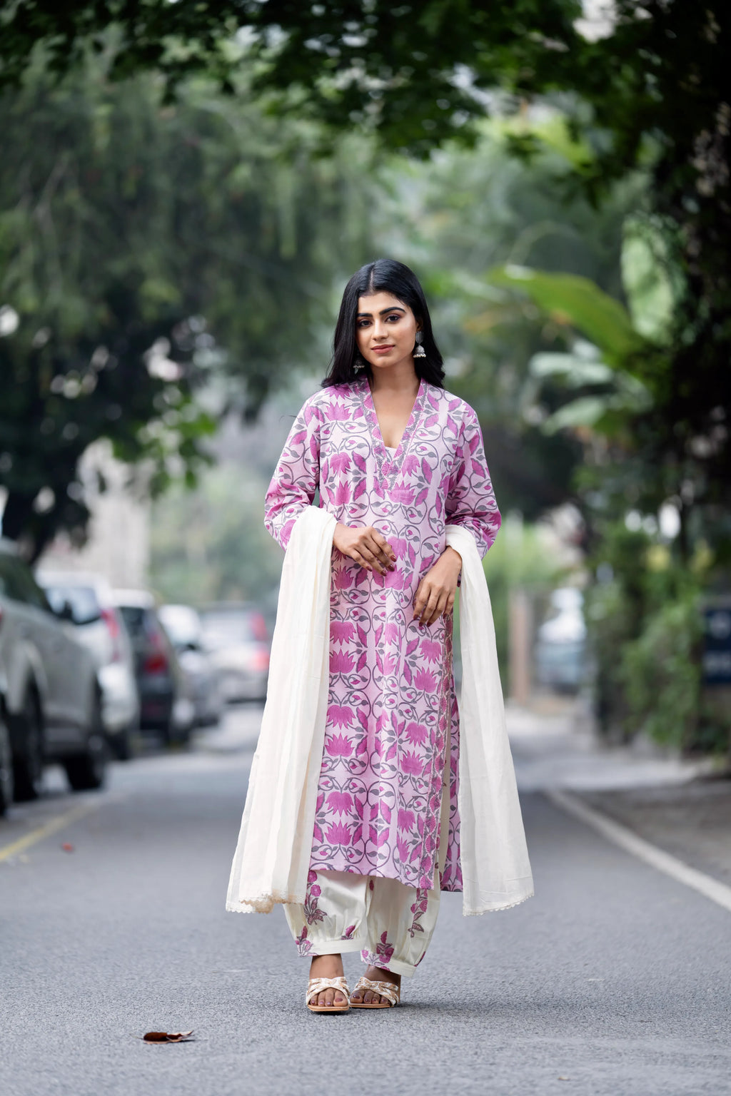 Mughal Motif Suit Set - Cream Purple