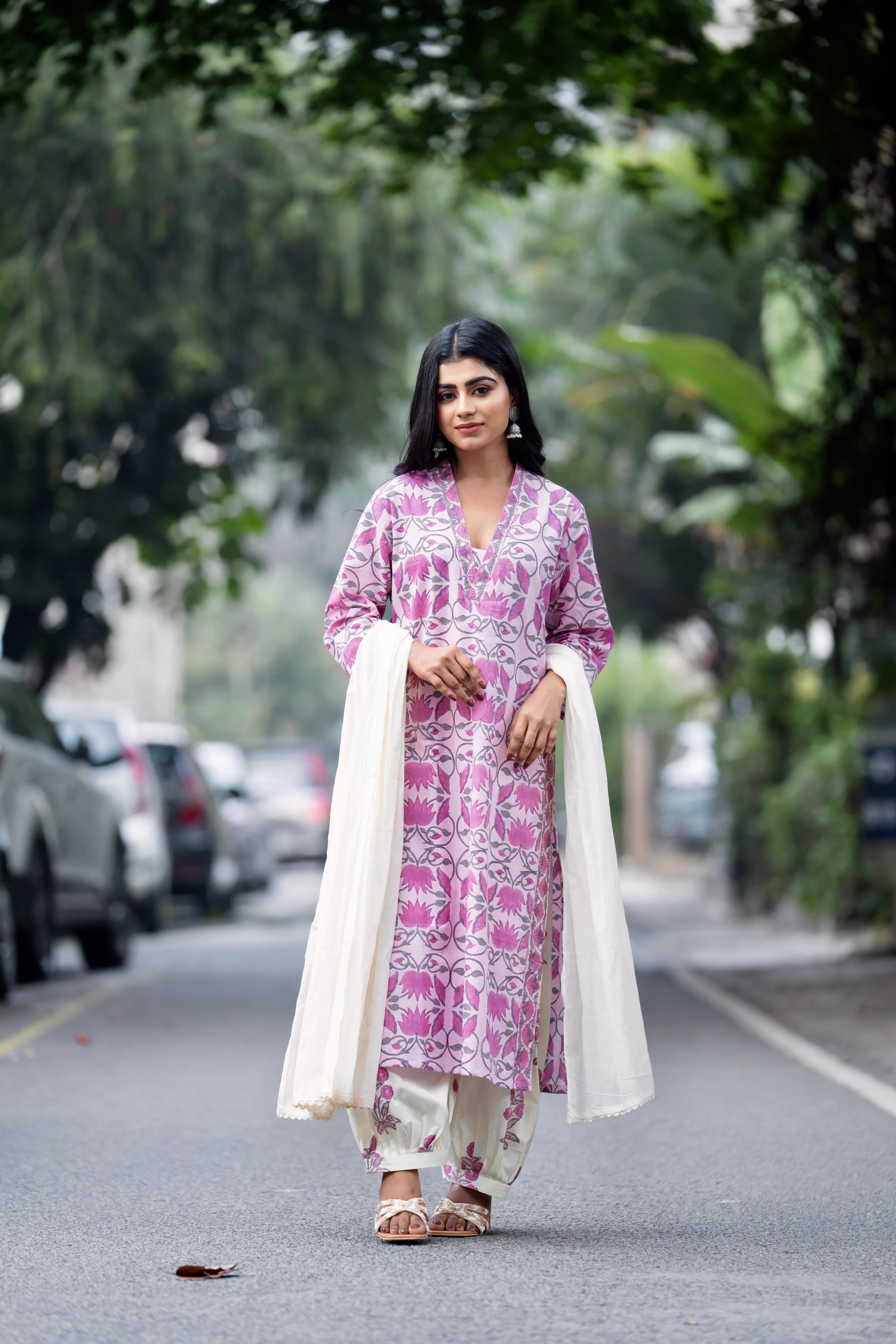 Mughal Motif Suit Set - Cream Purple