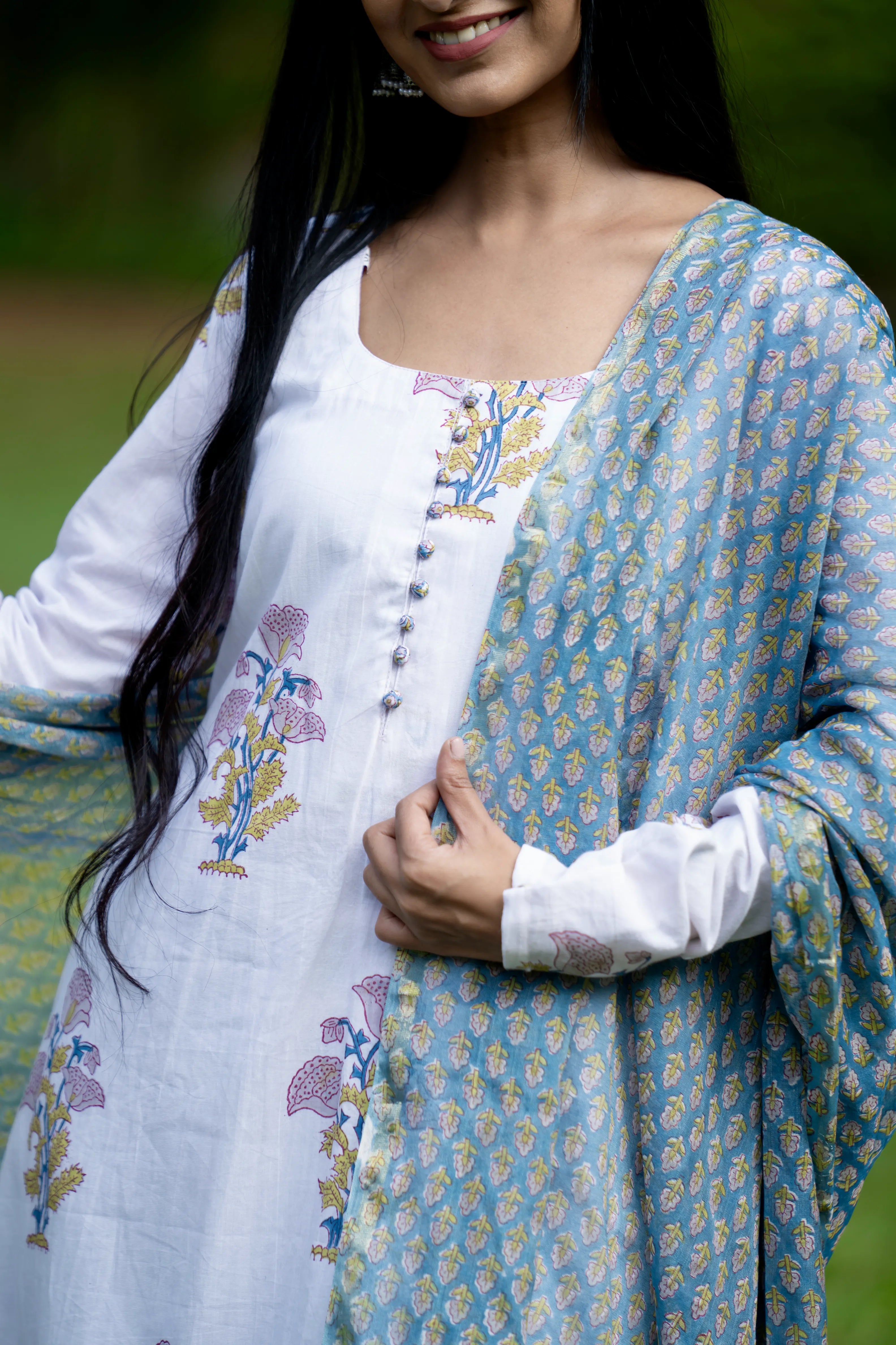Mughal Motif Suit Set - White Blue Chudidar