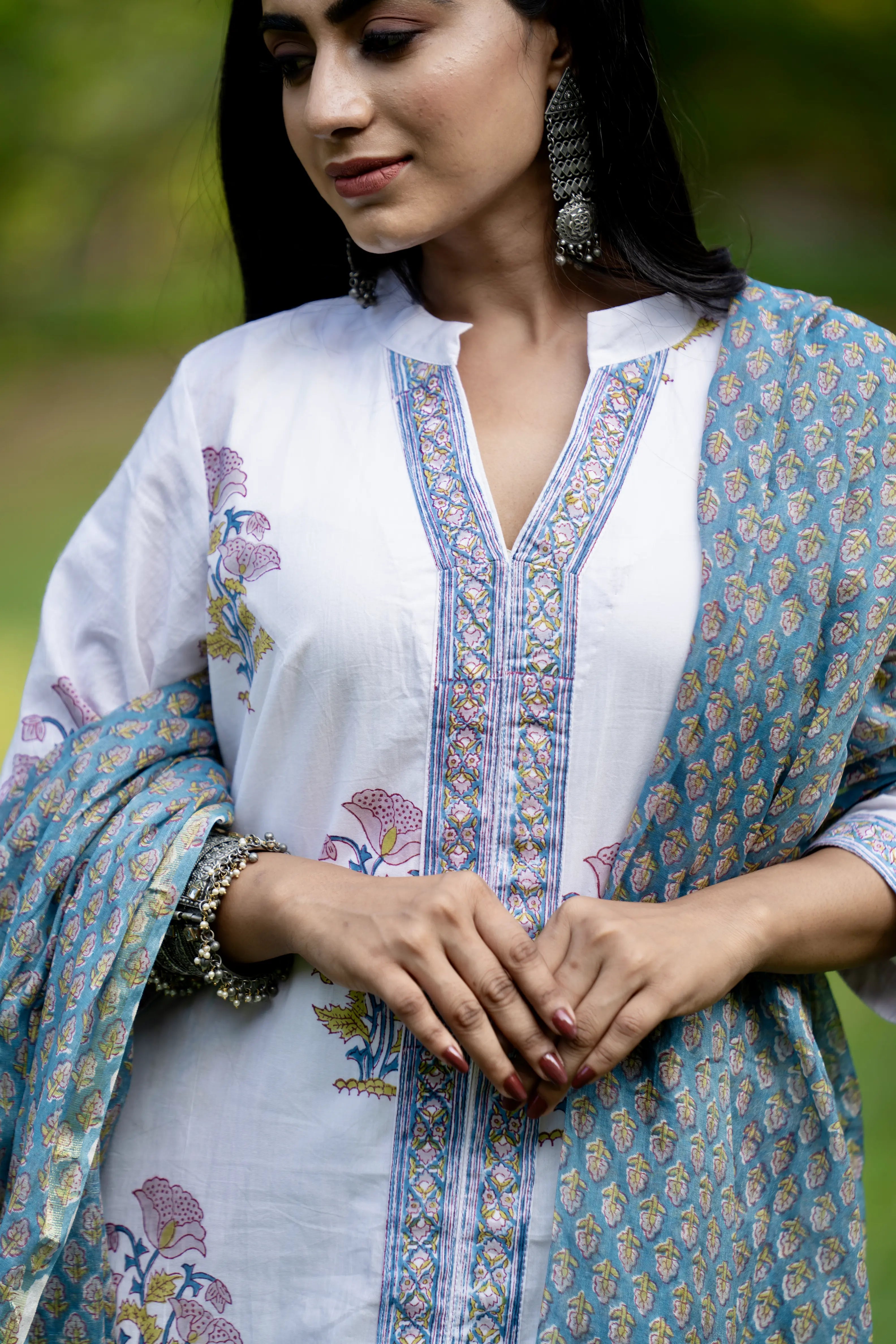 Mughal Motif Suit Set - Blue White