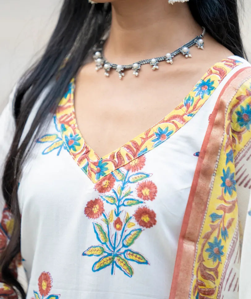 Mughal Motif Suit Set - Orange Green