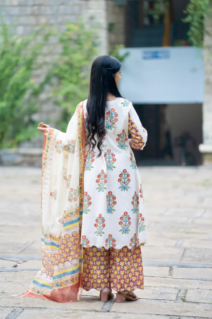 Mughal Motif Suit Set - Orange Green