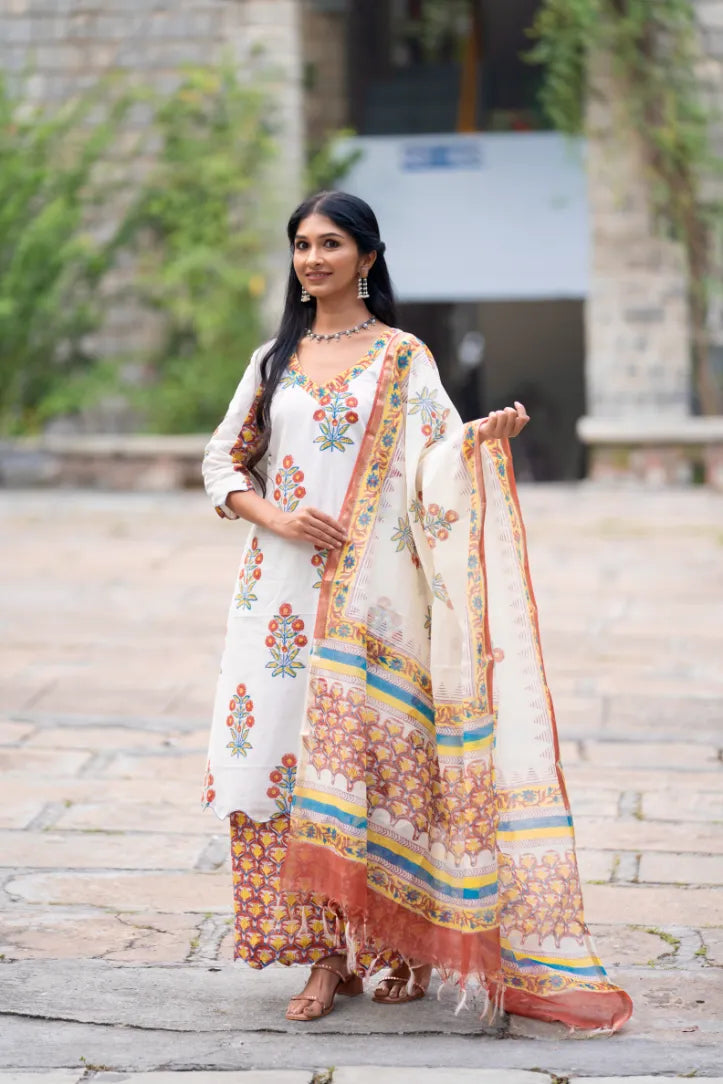 Mughal Motif Suit Set - Orange Green