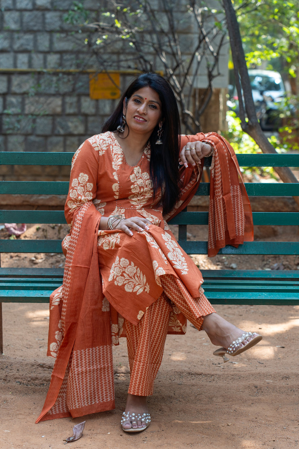 Rozana Suit Set - Orange Pleated