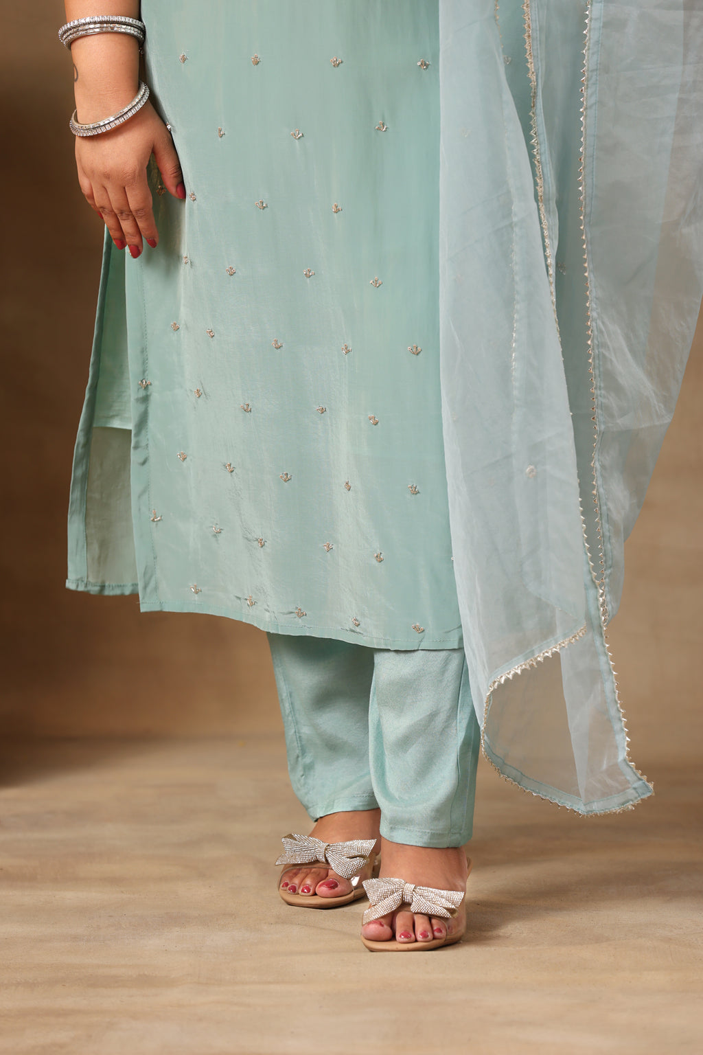 Sitara Suit Set - Aqua Green Chinnon