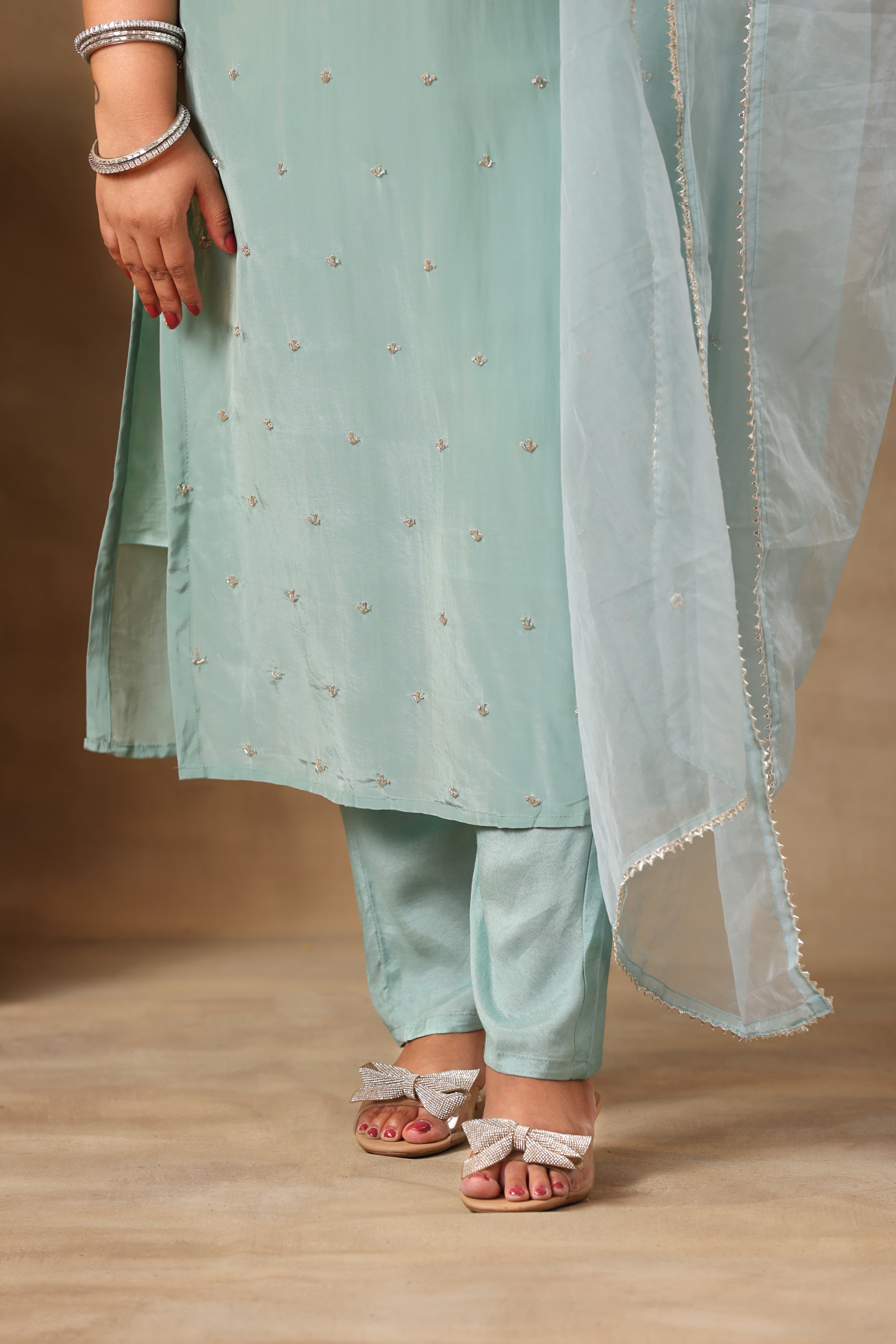 Sitara Suit Set - Aqua Green Chinnon