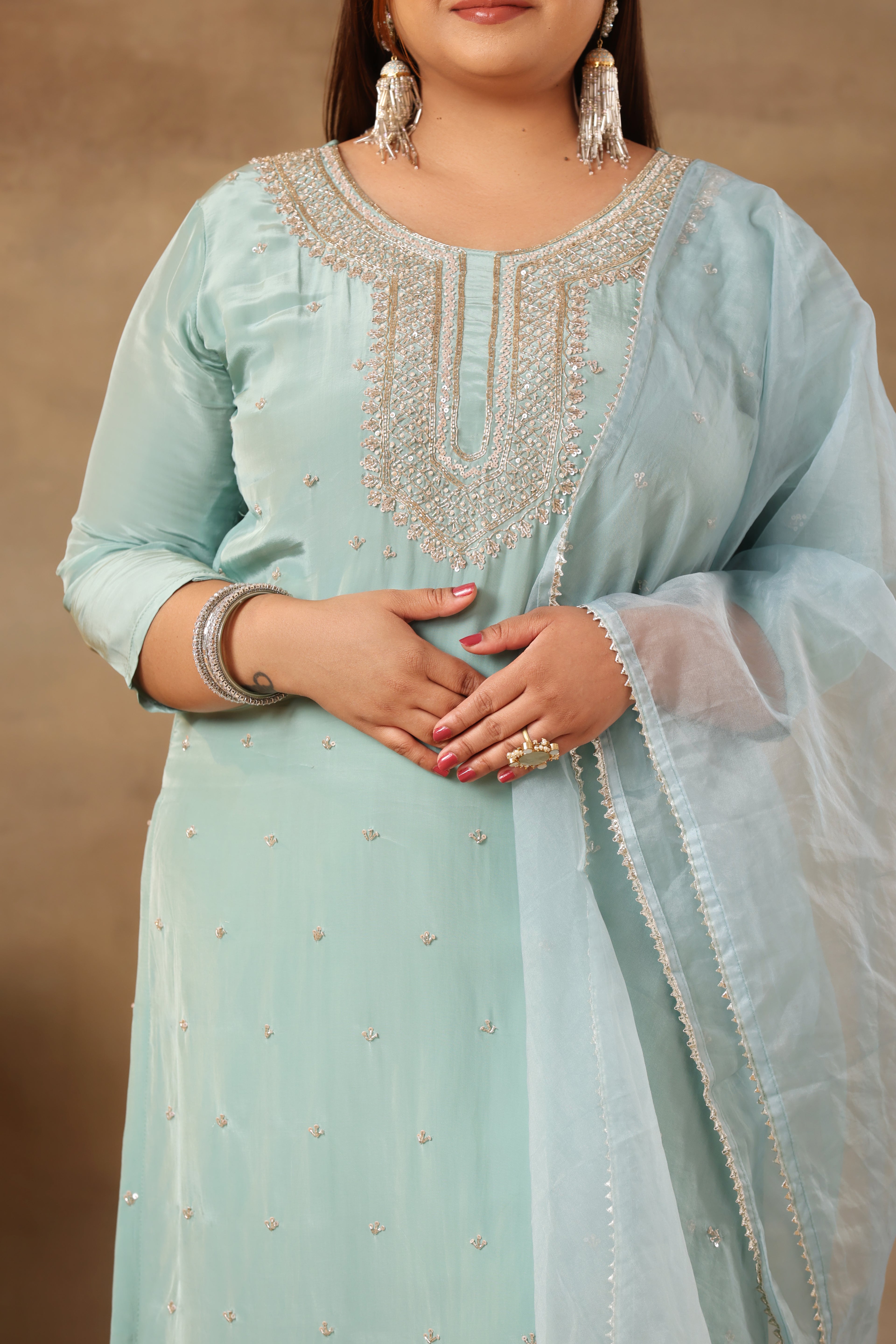 Sitara Suit Set - Aqua Green Chinnon