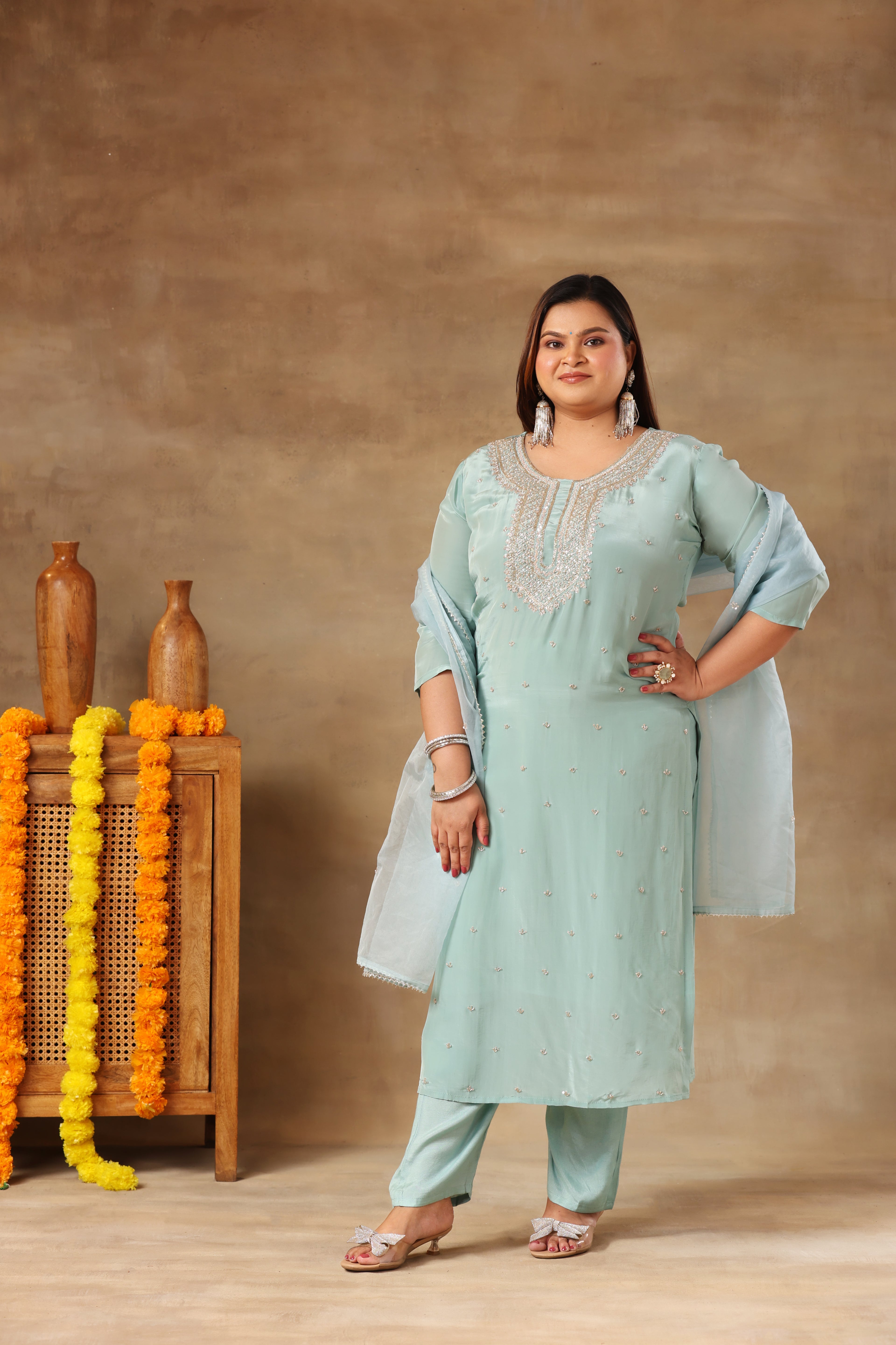 Sitara Suit Set - Aqua Green Chinnon