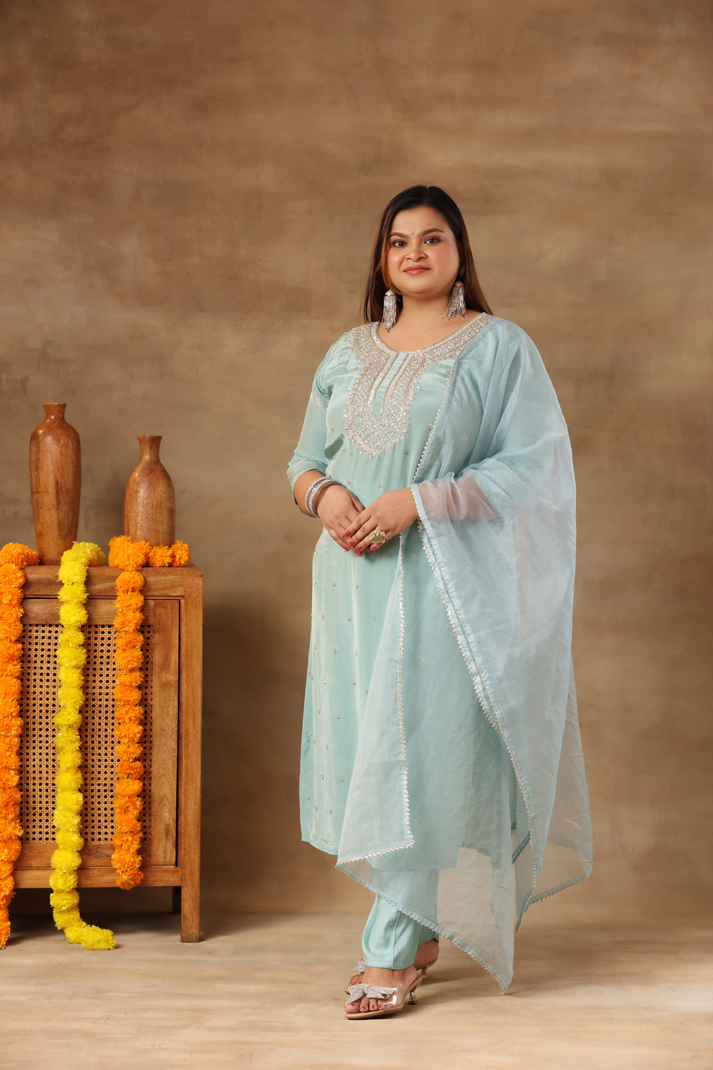 Sitara Suit Set - Aqua Green Chinnon