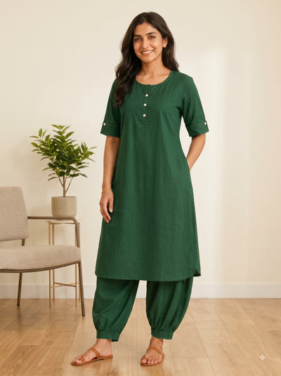 Rozana Co-ord Set - Bottle Green Solid colour