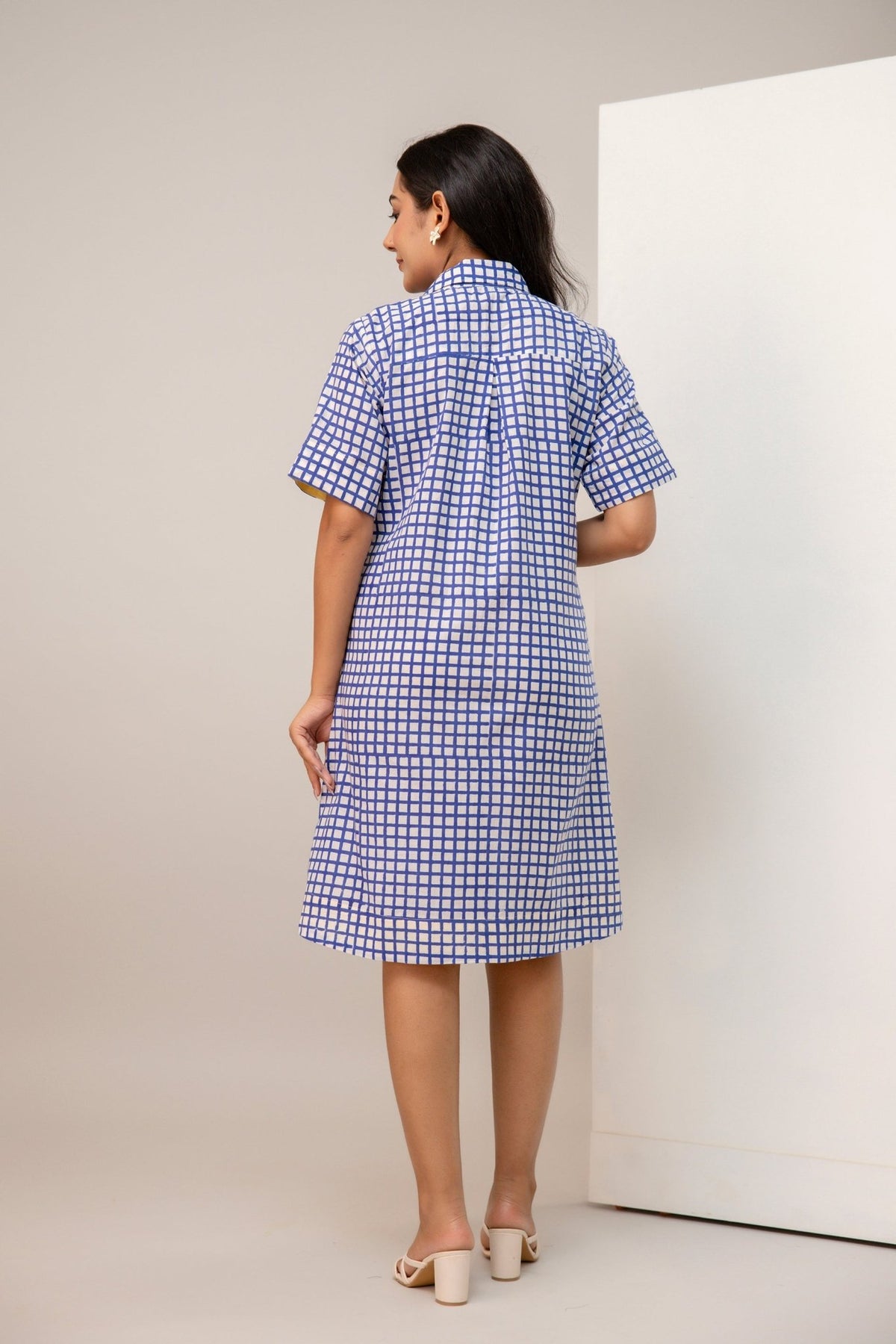 Shirt collar detail on blue check cotton A-line dress