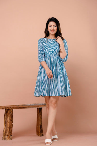 Blue cotton dress with white leaf hand block print on neck yoke