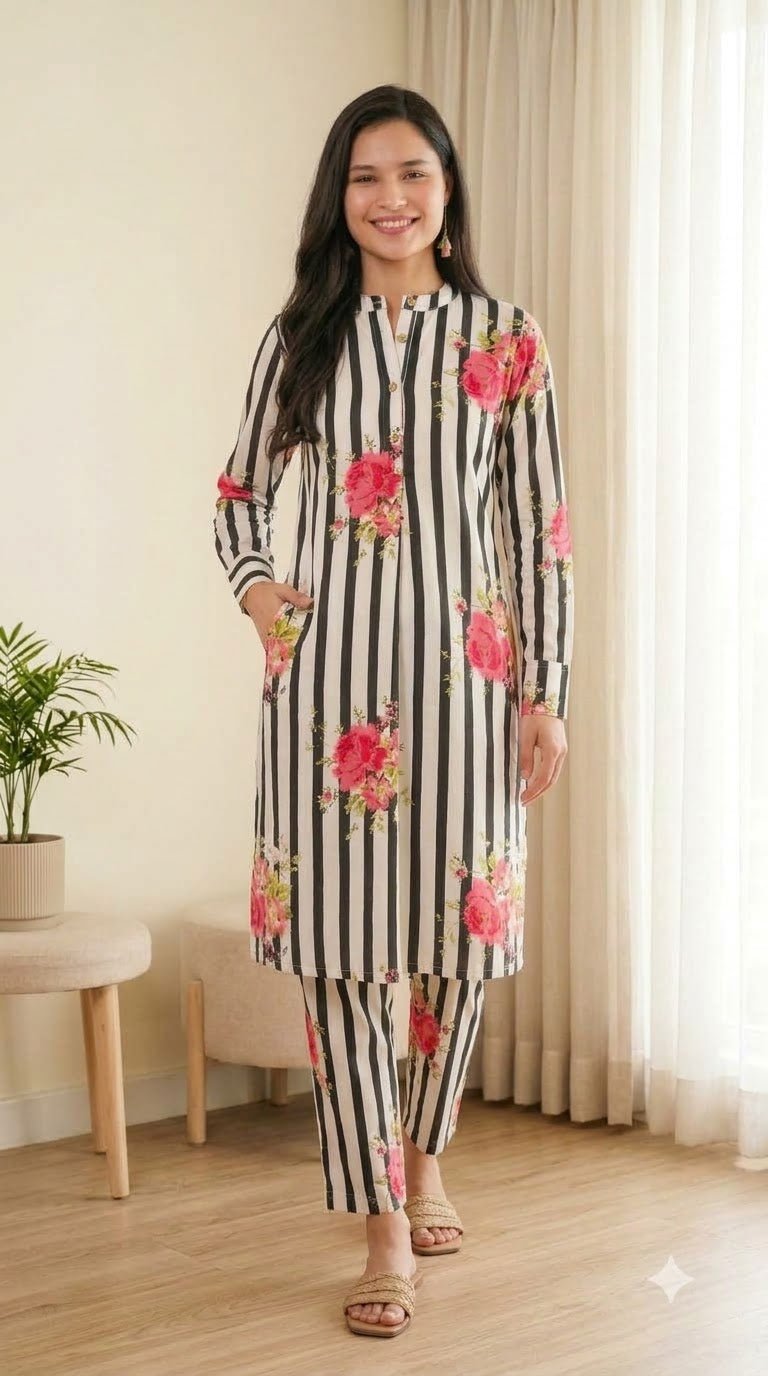 Full view of black striped cotton co-ord set with straight-fit pant