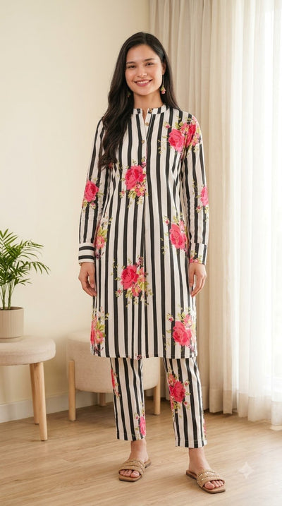Black striped cotton co-ord set with floral motifs and mandarin collar