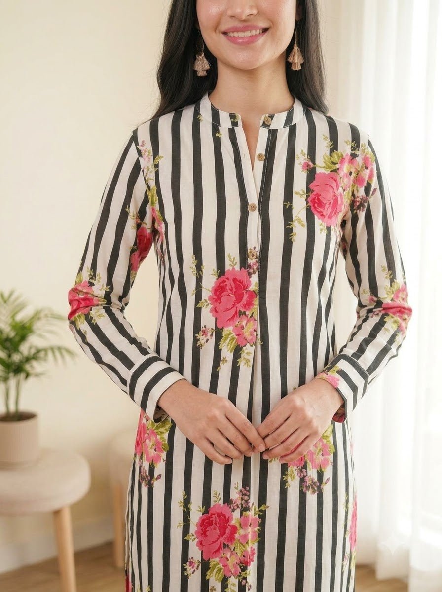 Close-up of black stripe and floral motif on cotton co-ord fabric