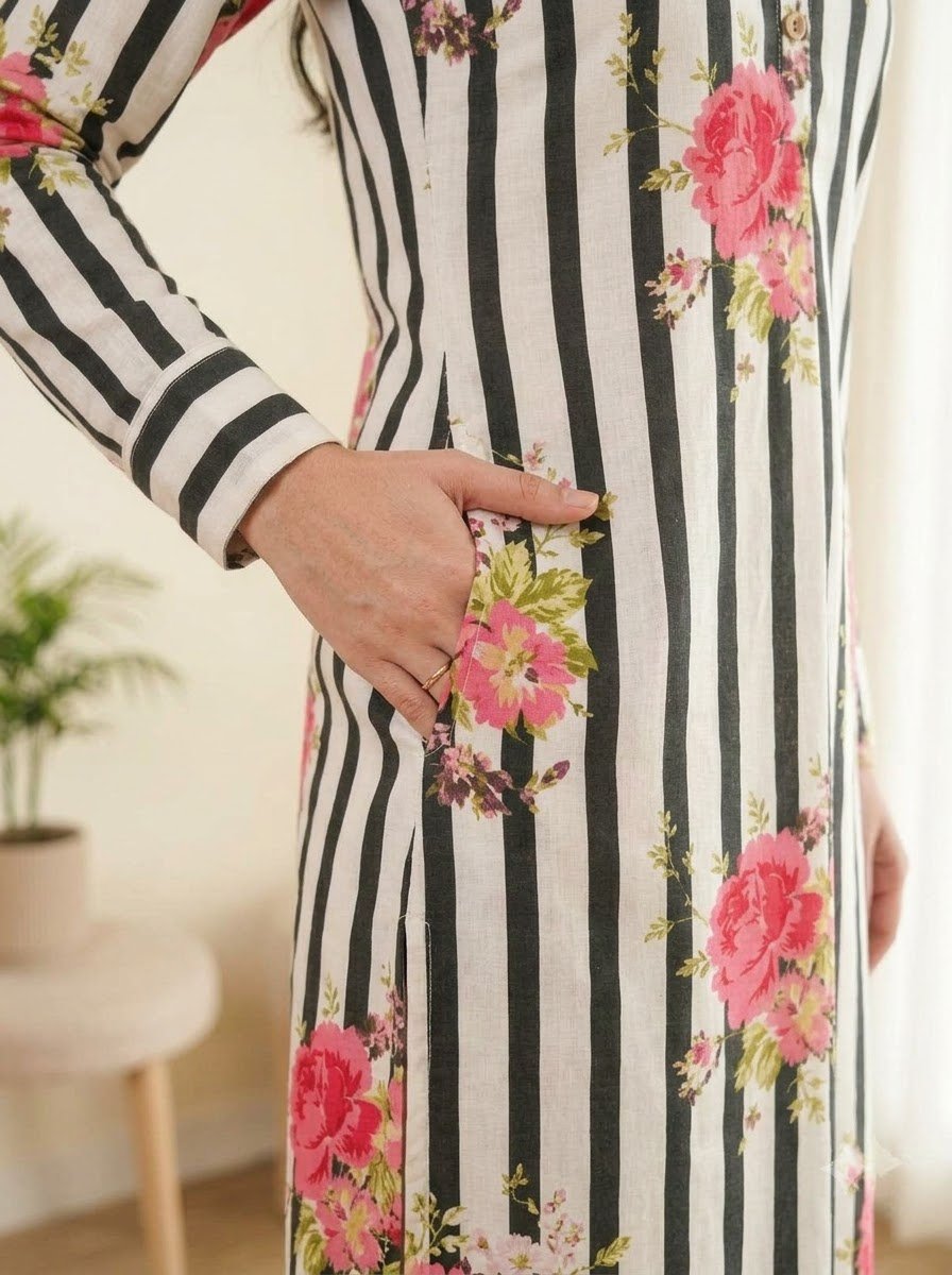 Side pocket detail on black striped cotton kurta