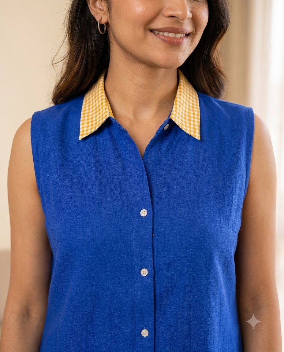 Full view of electric blue cotton co-ord set with wide leg pant