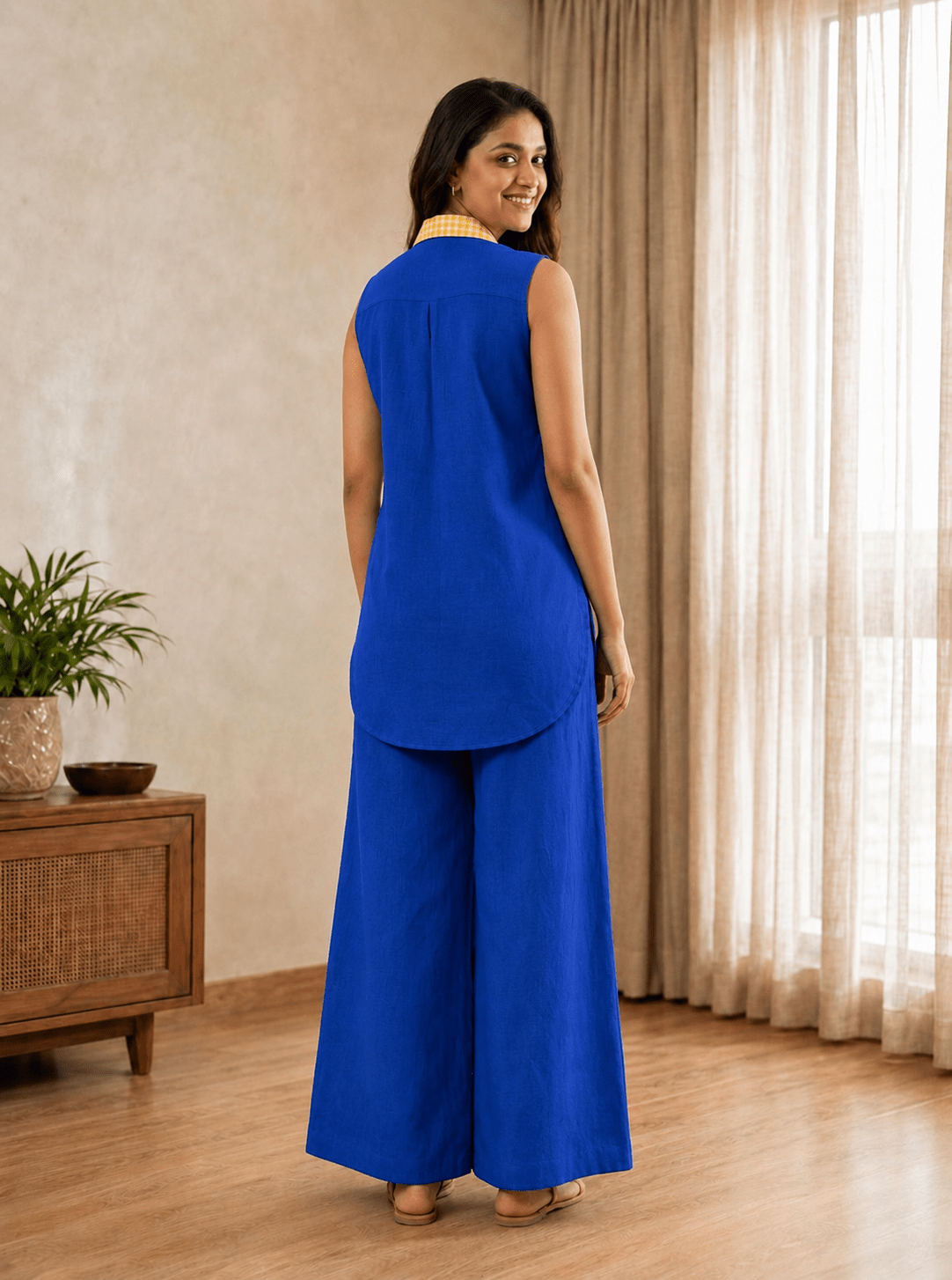 Yellow checkered piping on hem of blue cotton co-ord set