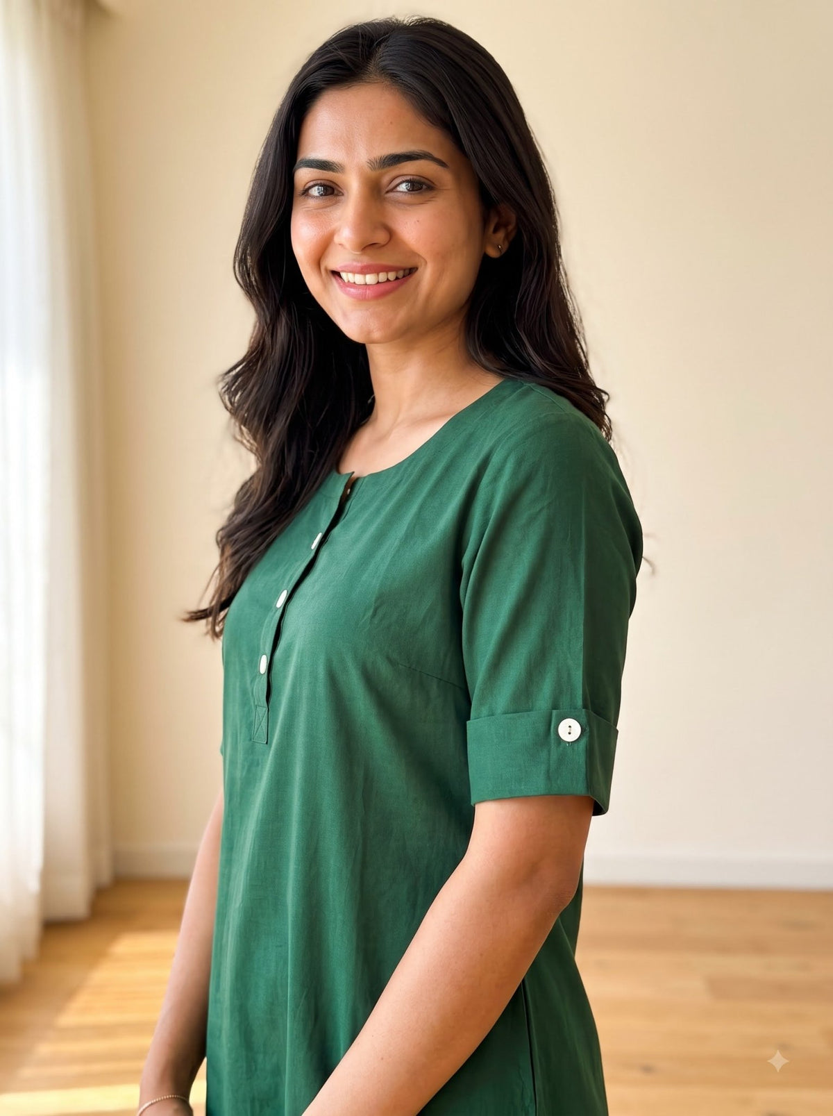 Bottle green cotton co-ord set with structured yoke and buttons