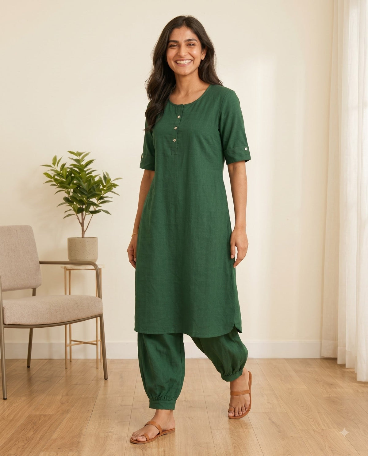 Button detailing on yoke of bottle green cotton co-ord top