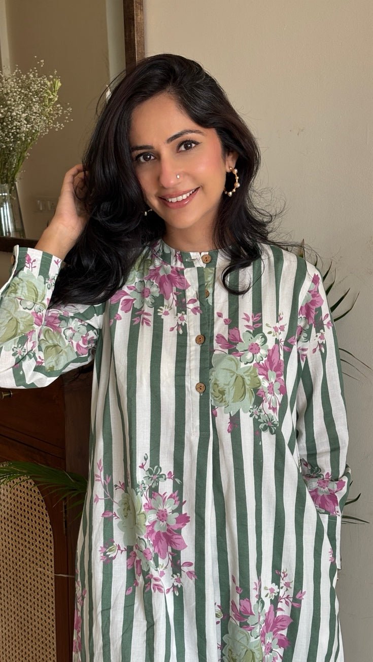 Rozana Green Striped Cotton Co-ord Set