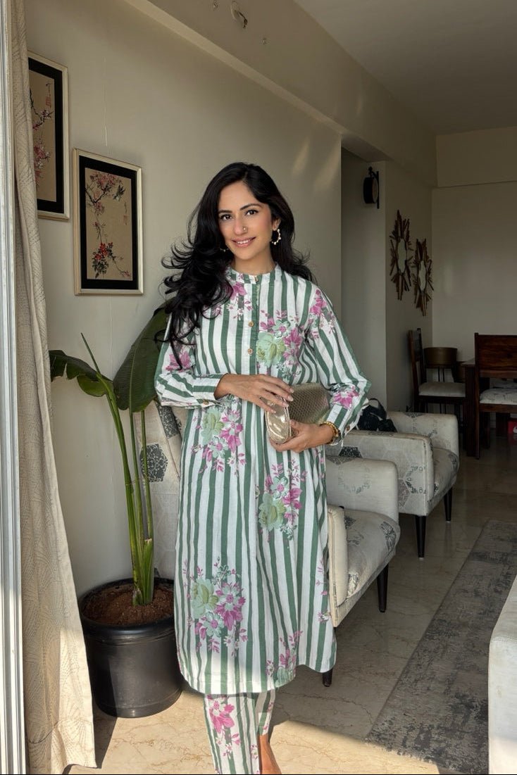 Rozana Green Striped Cotton Co-ord Set