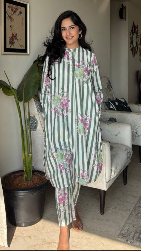 Rozana Green Striped Cotton Co-ord Set