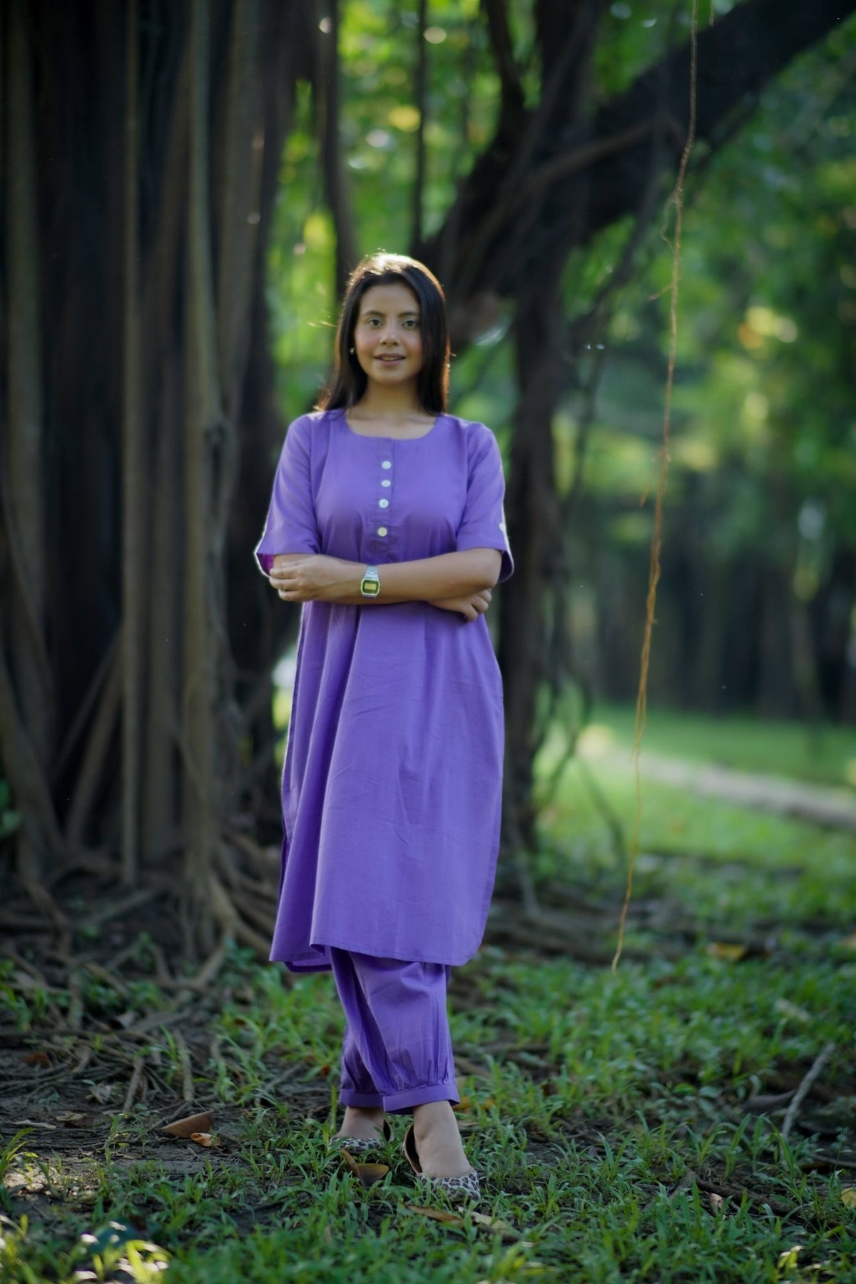 Pleated hem detail on lavender cotton co-ord pant