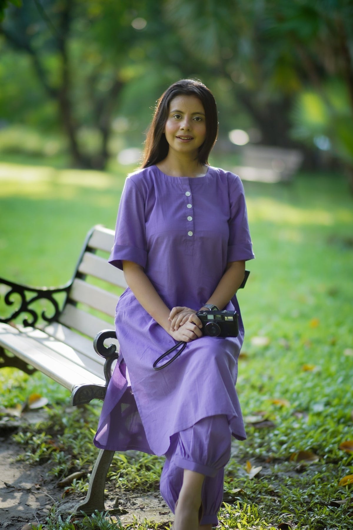 Lavender solid cotton co-ord set with half sleeves and side pockets