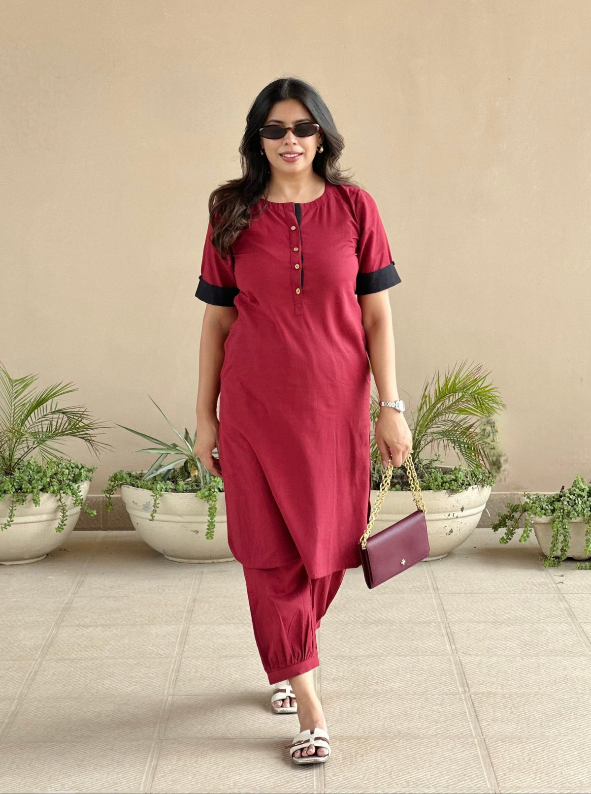 Maroon solid cotton co-ord set with half sleeves and side pockets