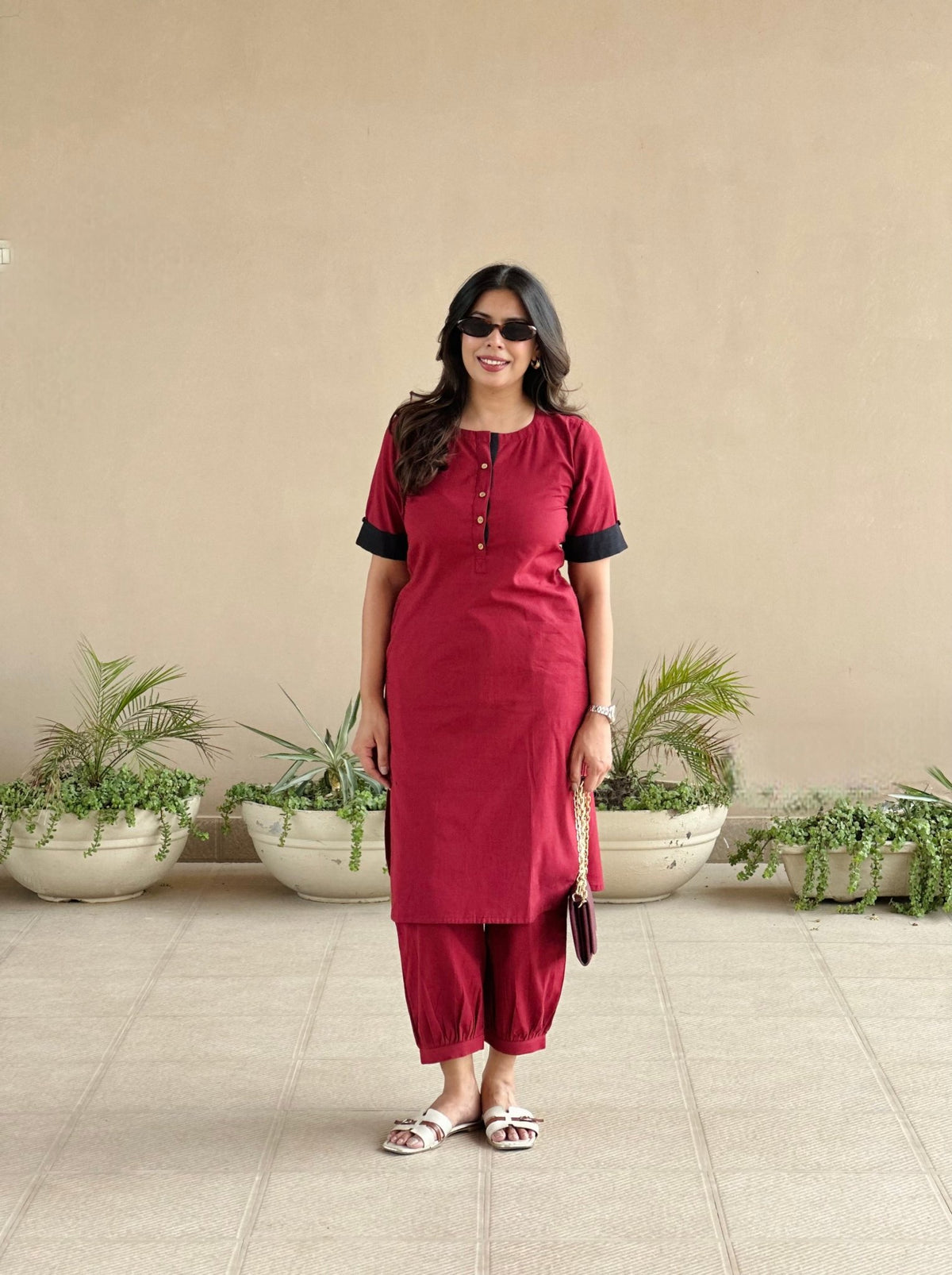 Maroon solid cotton co-ord set styled for everyday wear