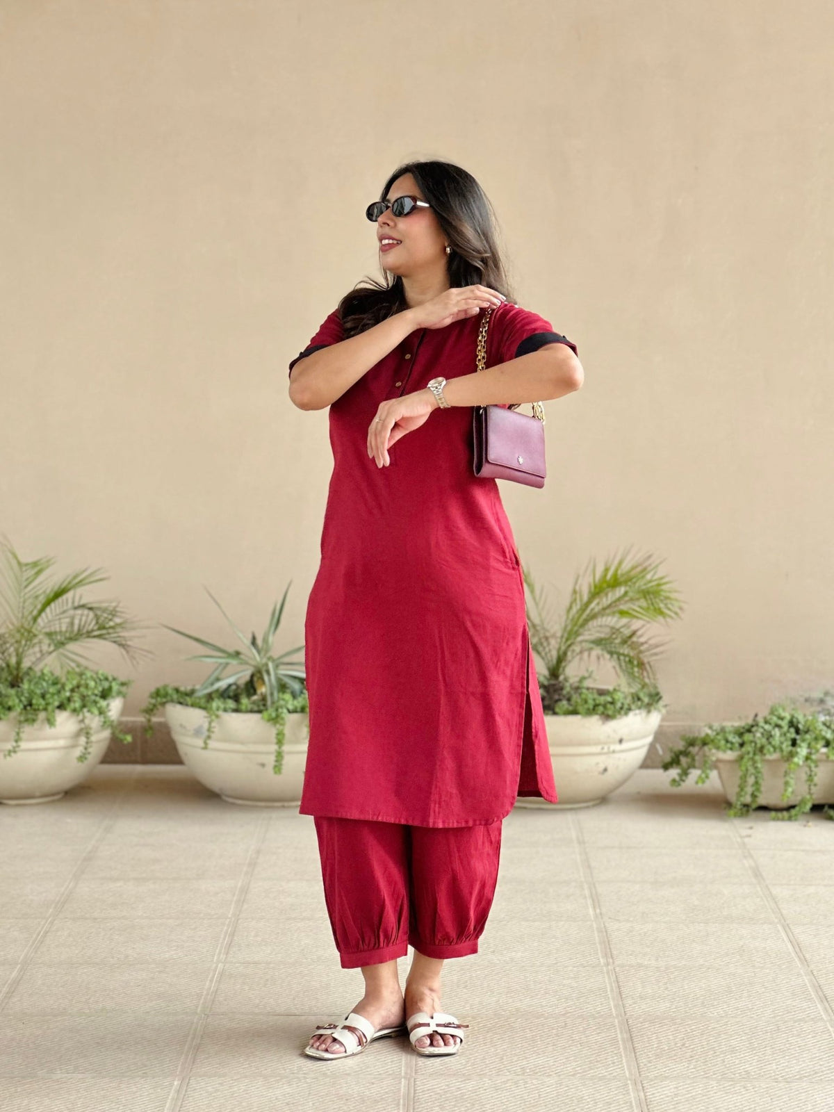 Button detailing on yoke of maroon cotton co-ord top