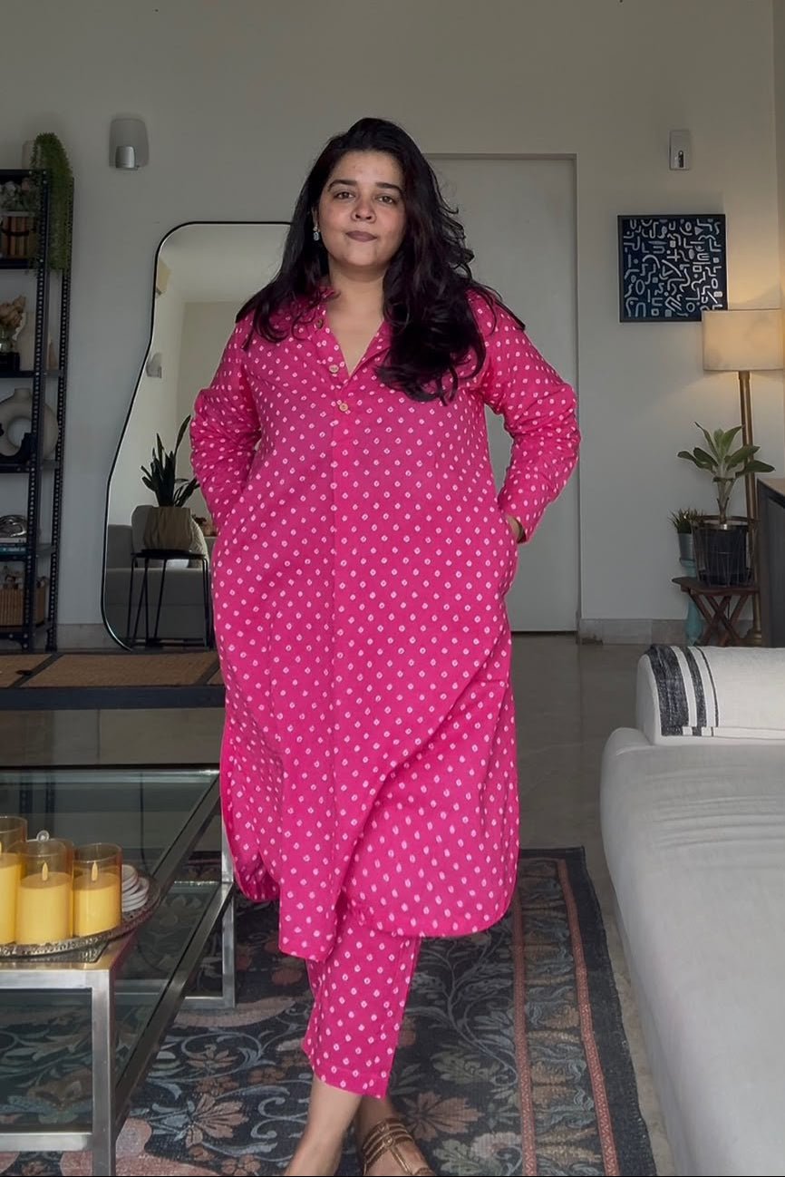 Pink bandhej print cotton co-ord set styled for festive daywear