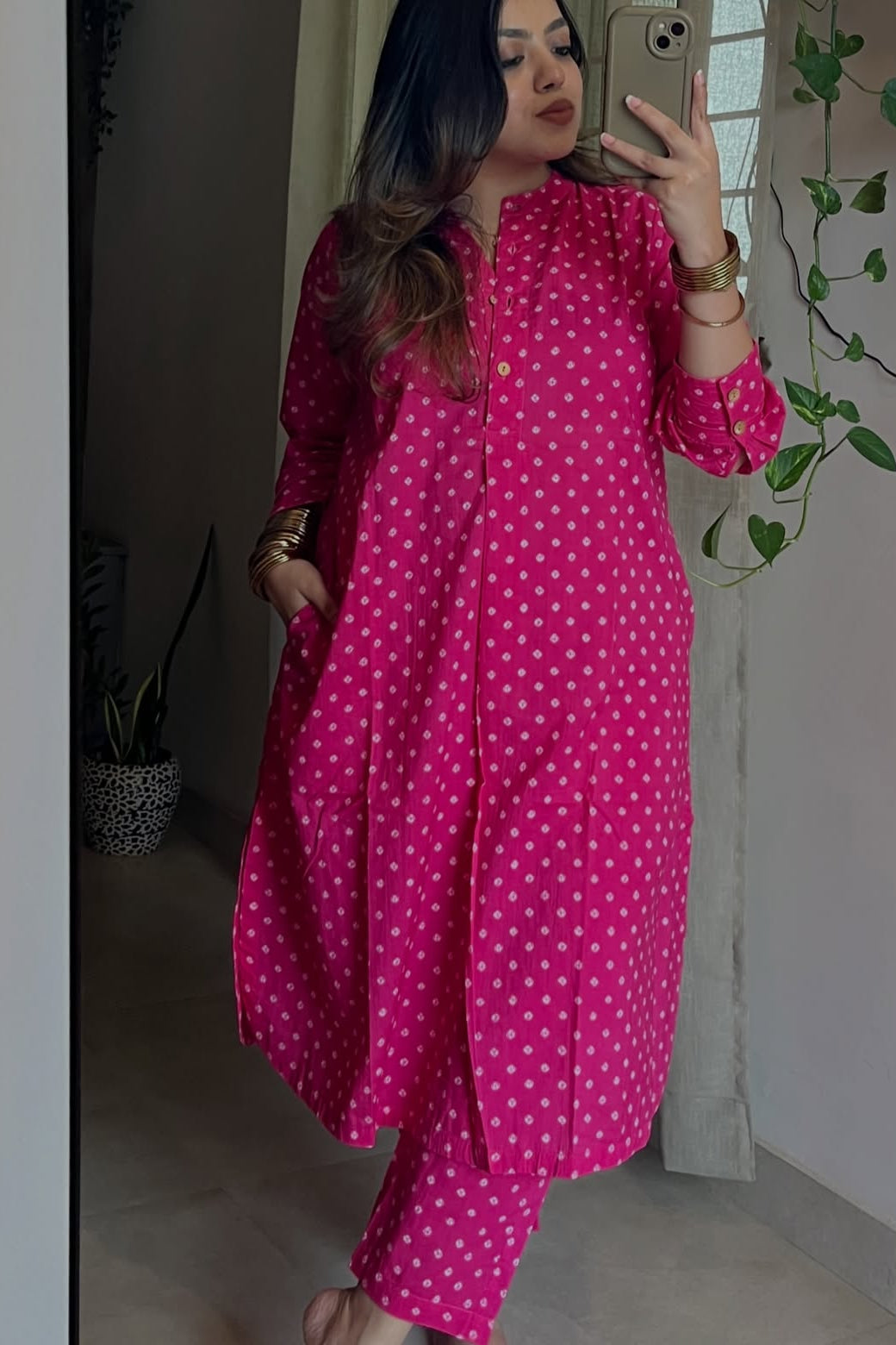 Pink bandhej print cotton co-ord set with side pockets