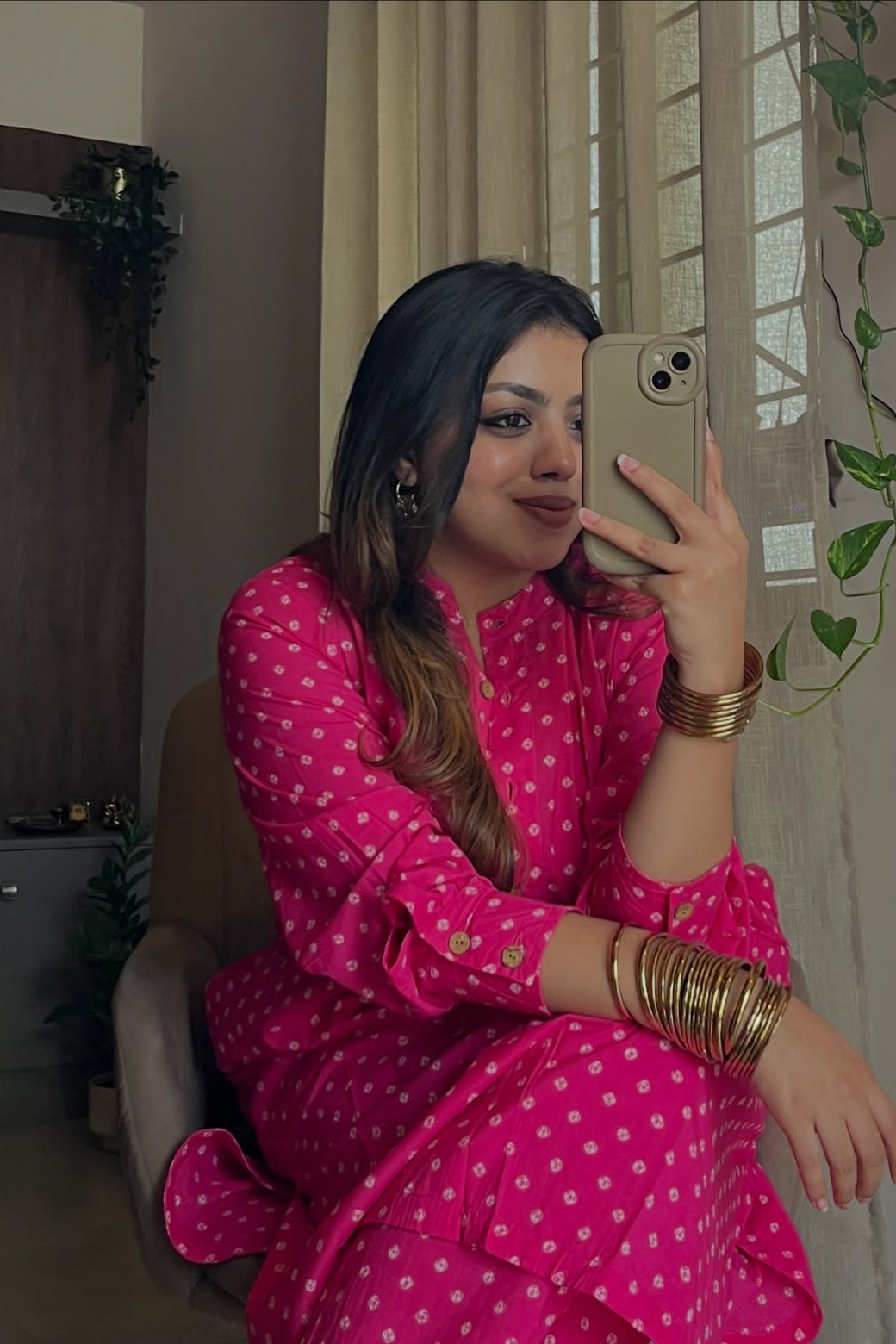 Pink bandhej print cotton kurta with cuffed sleeves