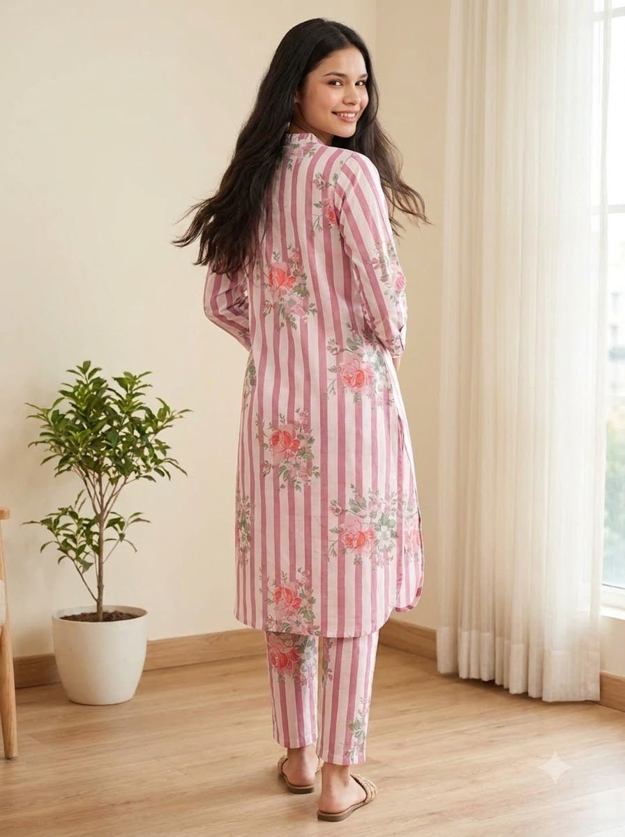 Pink striped floral cotton co-ord set styled for everyday wear
