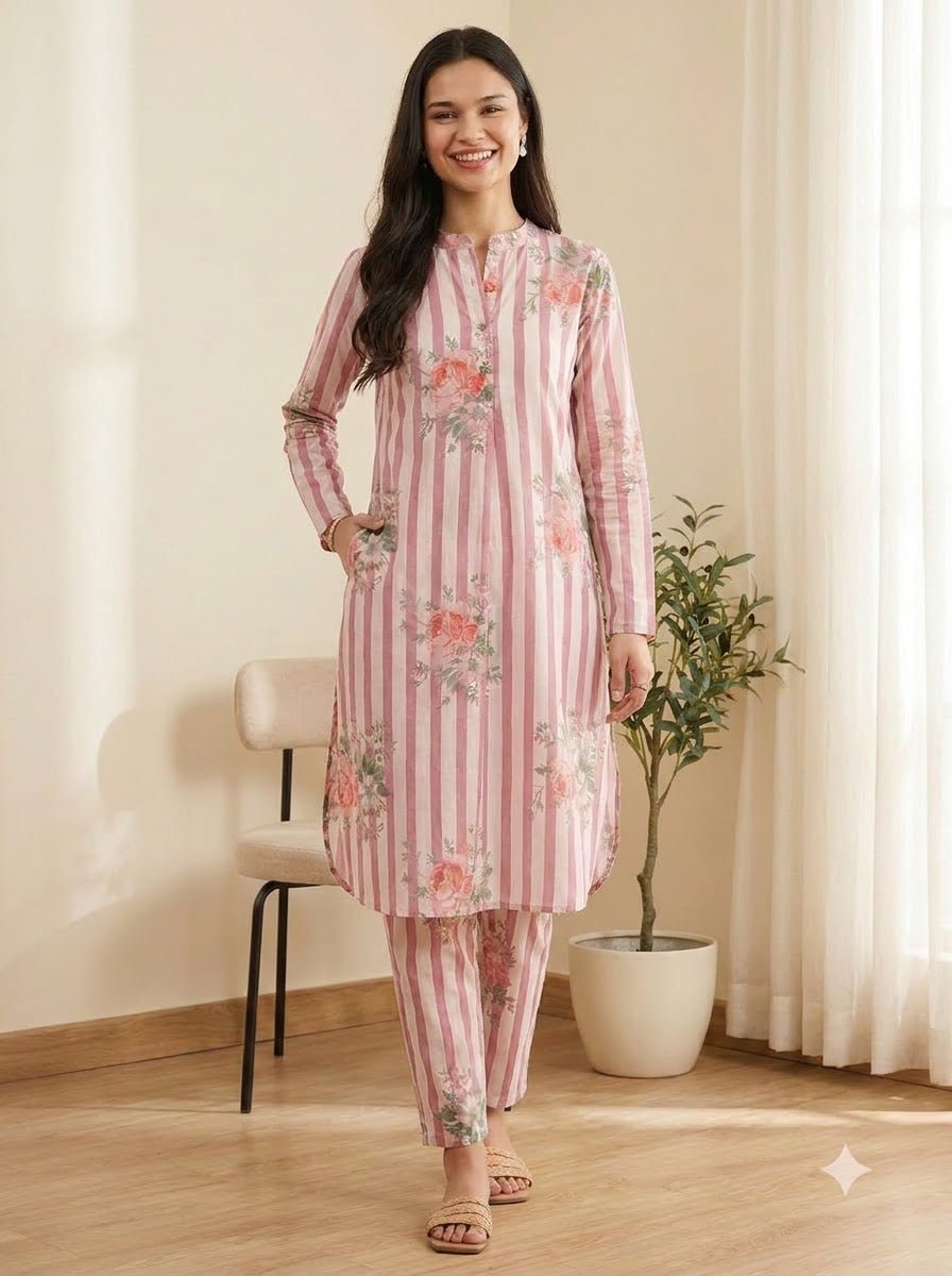 Full view of pink striped cotton co-ord set with straight-fit pant