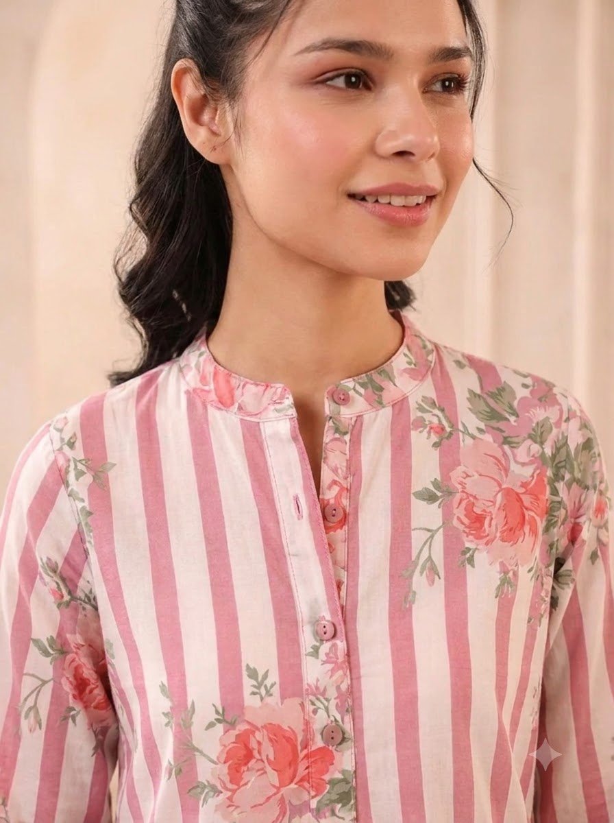 Mandarin collar neckline detail on pink striped floral cotton kurta