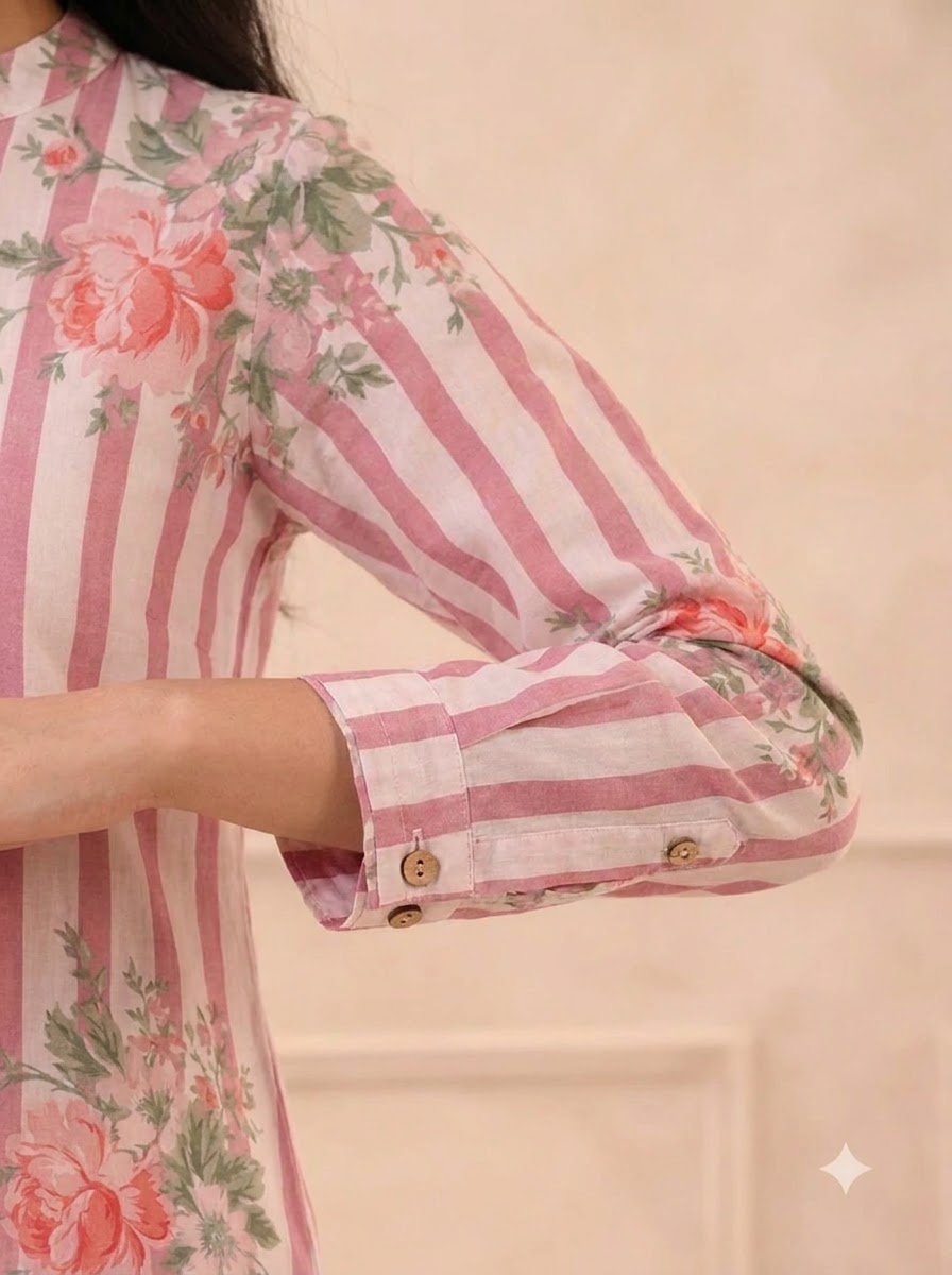 Cuffed sleeve with wooden button detail on pink striped cotton kurta